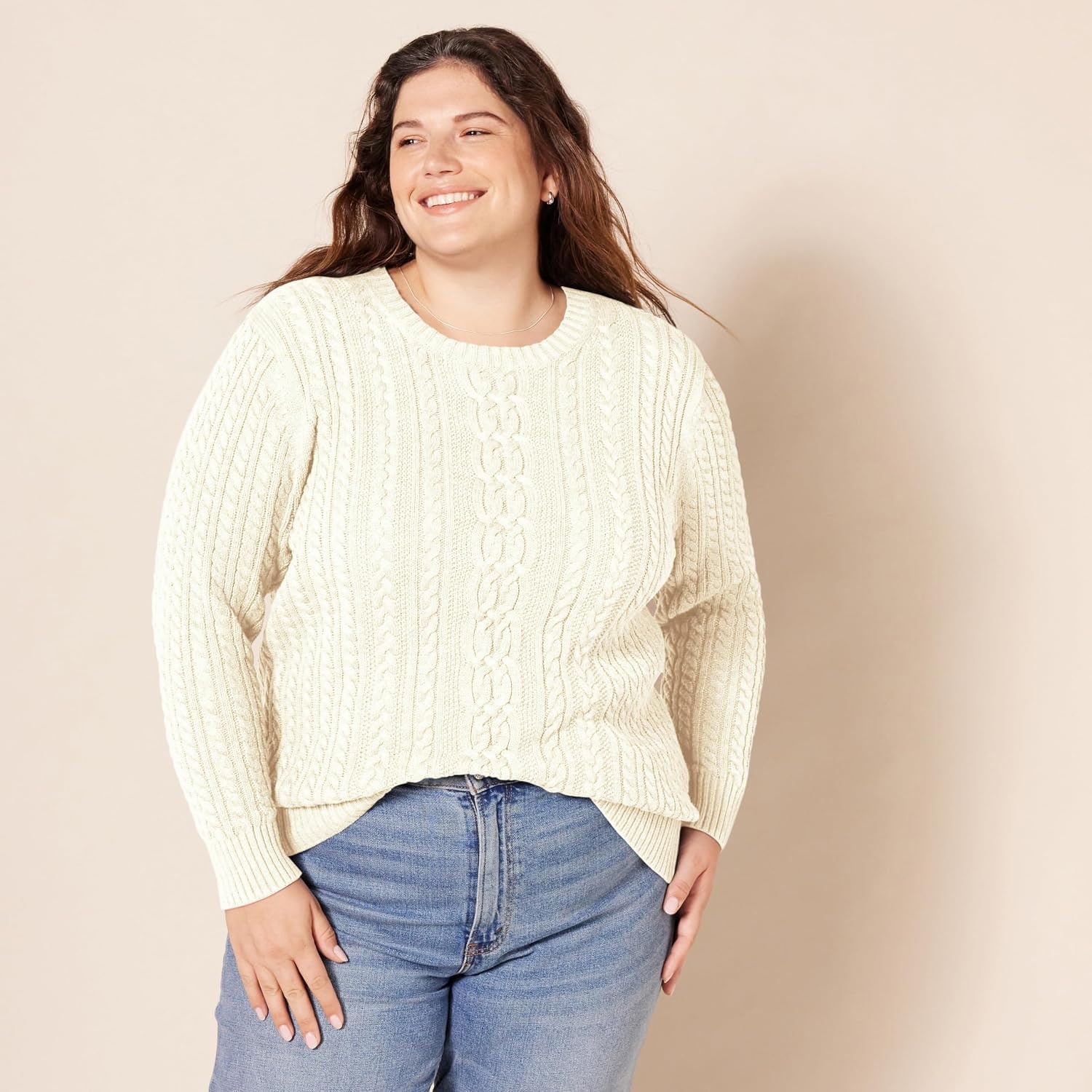 image:imageAmazon Essentials Womens Regular Fit Soft Cotton Cable Knit Ribbed Crewneck Sweater Available in Plus SizeCream