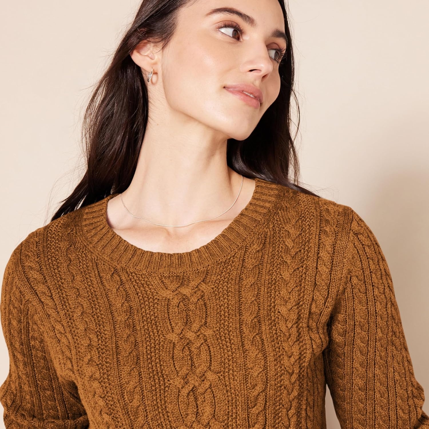 image:imageAmazon Essentials Womens Regular Fit Soft Cotton Cable Knit Ribbed Crewneck Sweater Available in Plus SizeDark Chestnut Brown Heather