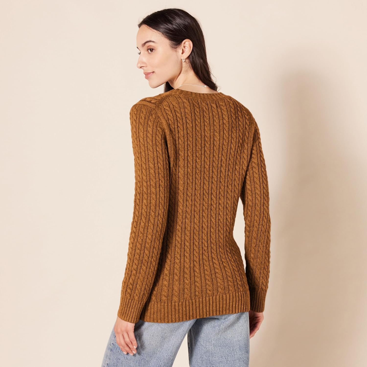 image:imageAmazon Essentials Womens Regular Fit Soft Cotton Cable Knit Ribbed Crewneck Sweater Available in Plus SizeDark Chestnut Brown Heather