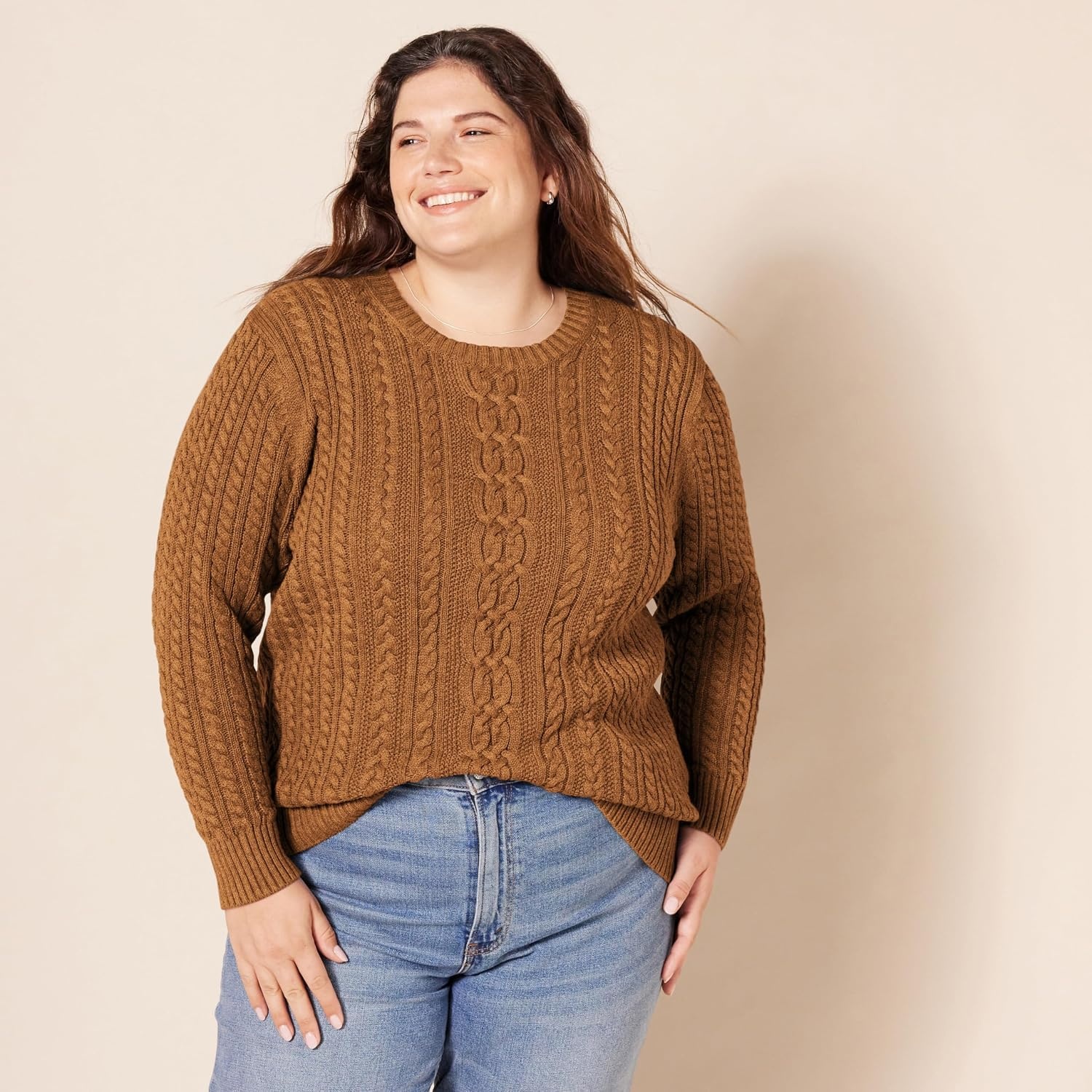 image:imageAmazon Essentials Womens Regular Fit Soft Cotton Cable Knit Ribbed Crewneck Sweater Available in Plus SizeDark Chestnut Brown Heather