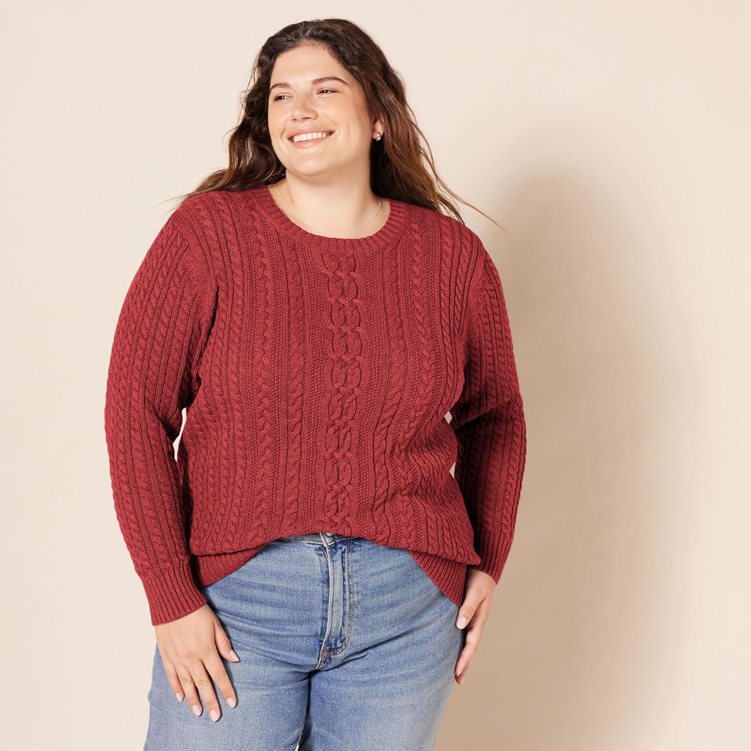 image:imageAmazon Essentials Womens Regular Fit Soft Cotton Cable Knit Ribbed Crewneck Sweater Available in Plus SizeDark Red