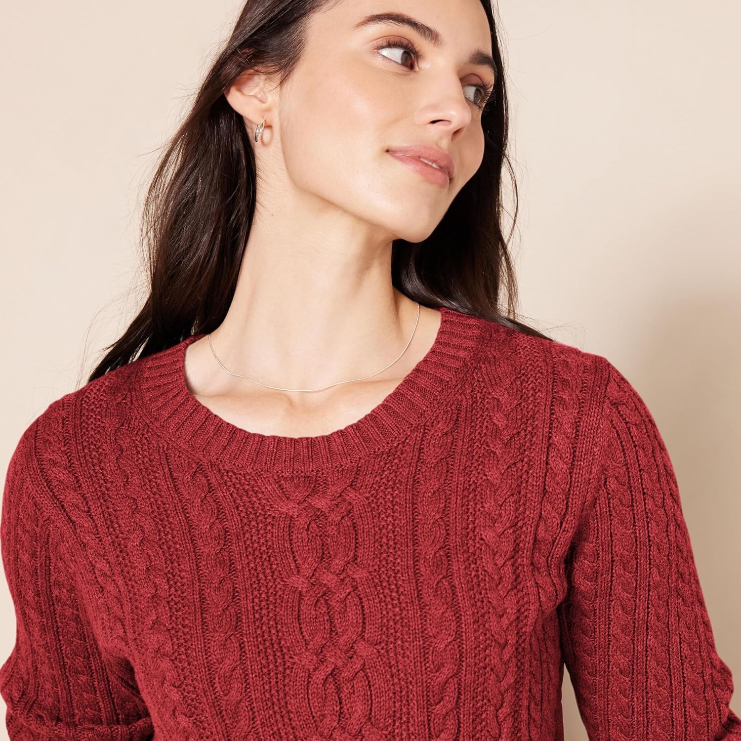 image:imageAmazon Essentials Womens Regular Fit Soft Cotton Cable Knit Ribbed Crewneck Sweater Available in Plus SizeDark Red