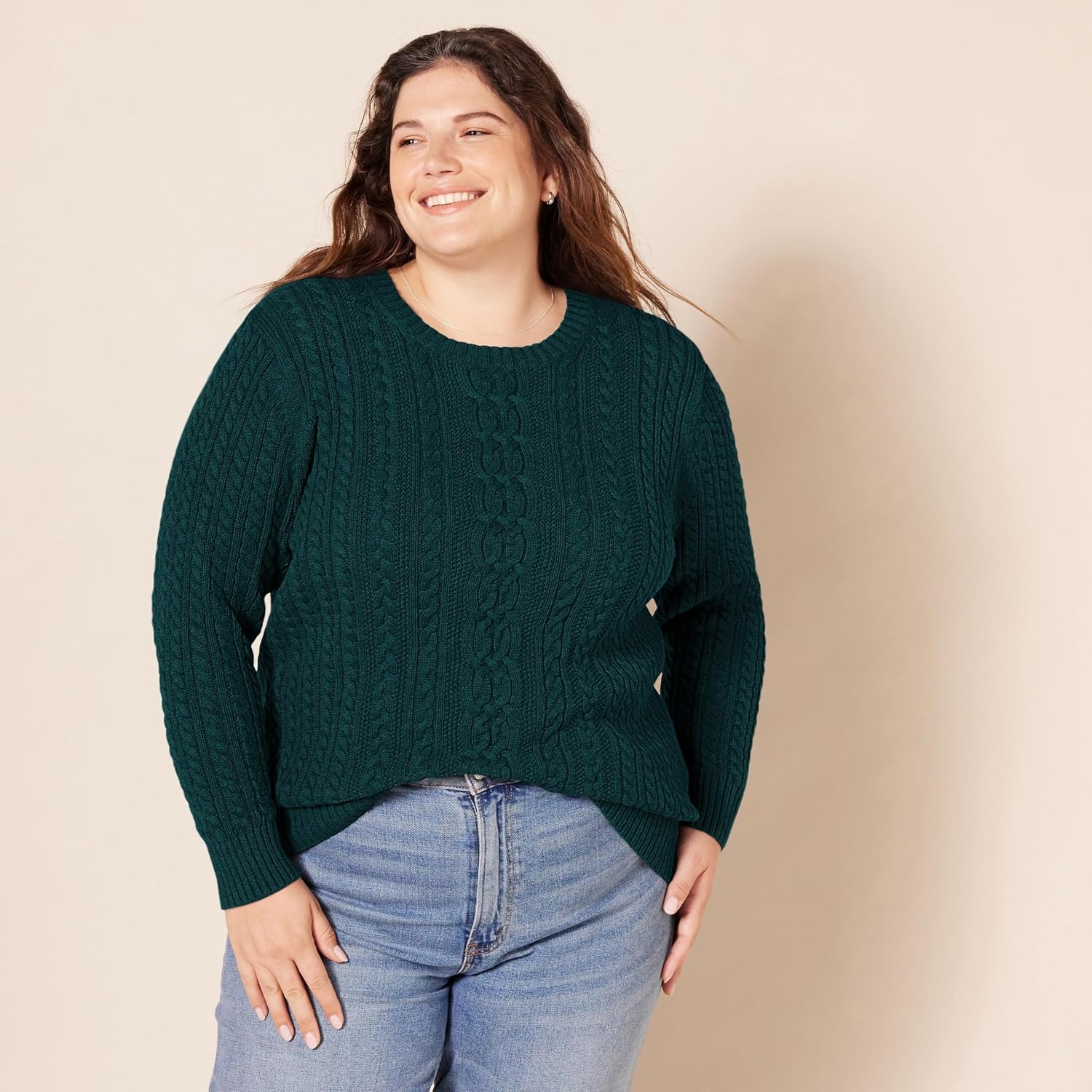 image:imageAmazon Essentials Womens Regular Fit Soft Cotton Cable Knit Ribbed Crewneck Sweater Available in Plus SizeDeep Pine