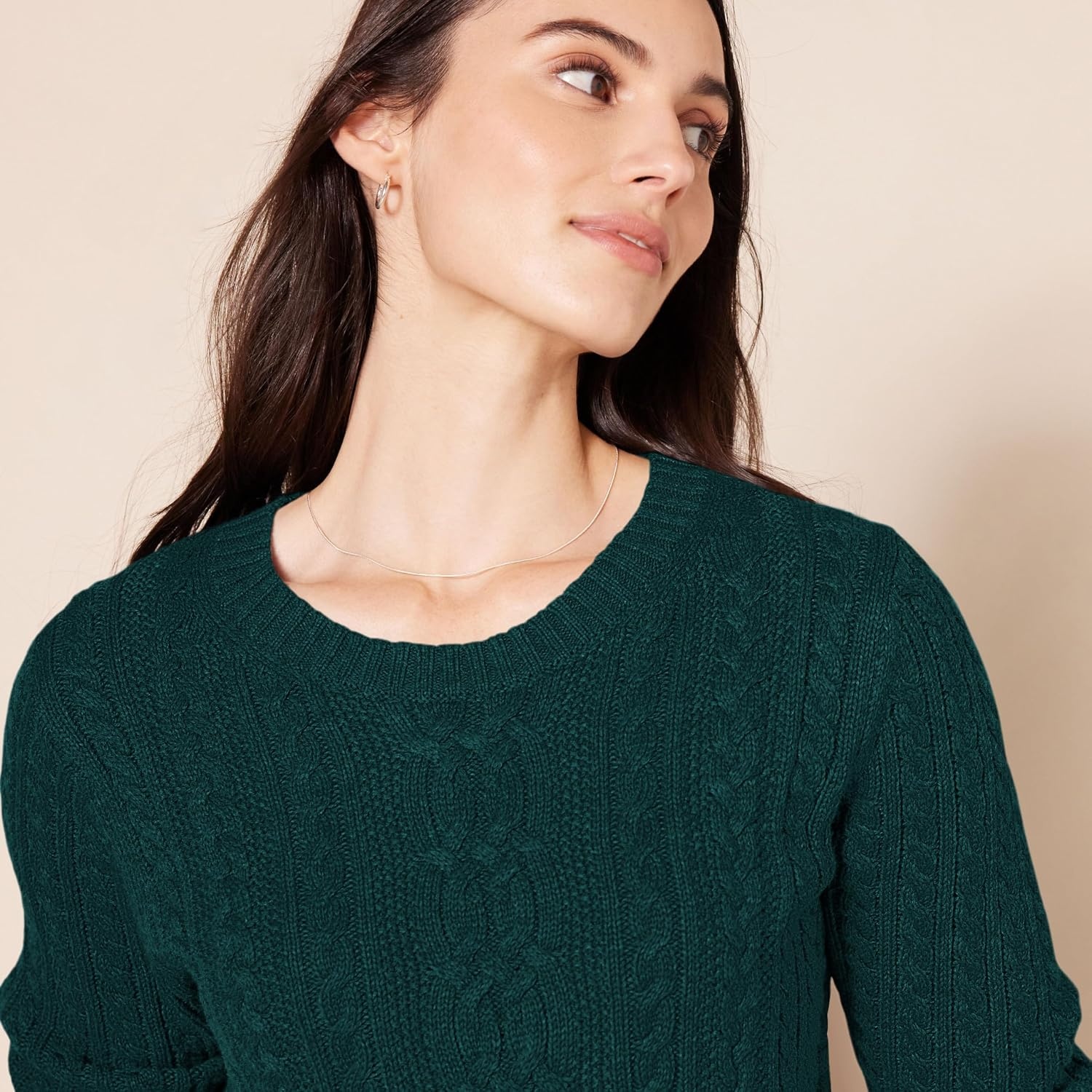 image:imageAmazon Essentials Womens Regular Fit Soft Cotton Cable Knit Ribbed Crewneck Sweater Available in Plus SizeDeep Pine