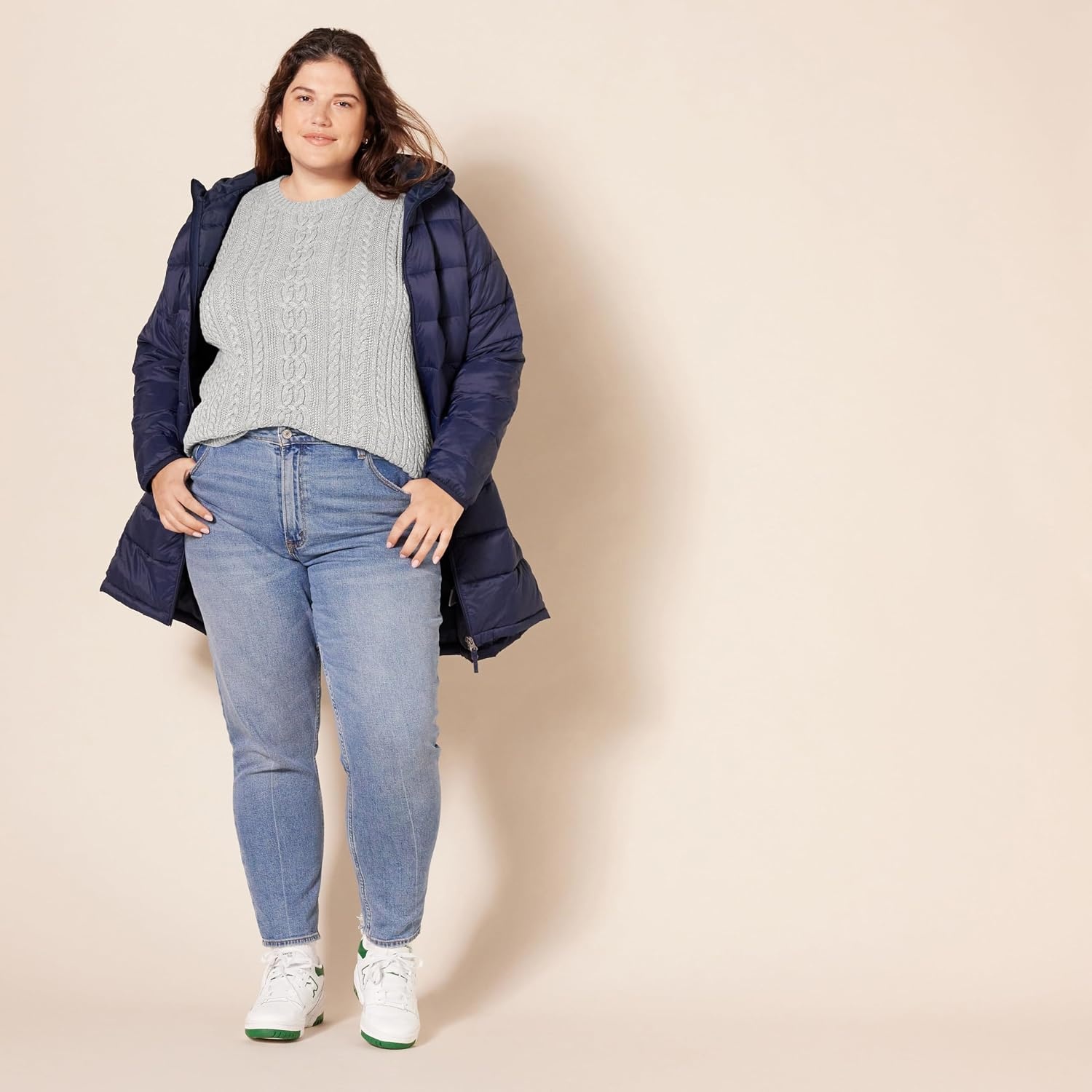 image:imageAmazon Essentials Womens Regular Fit Soft Cotton Cable Knit Ribbed Crewneck Sweater Available in Plus SizeLight Grey Heather