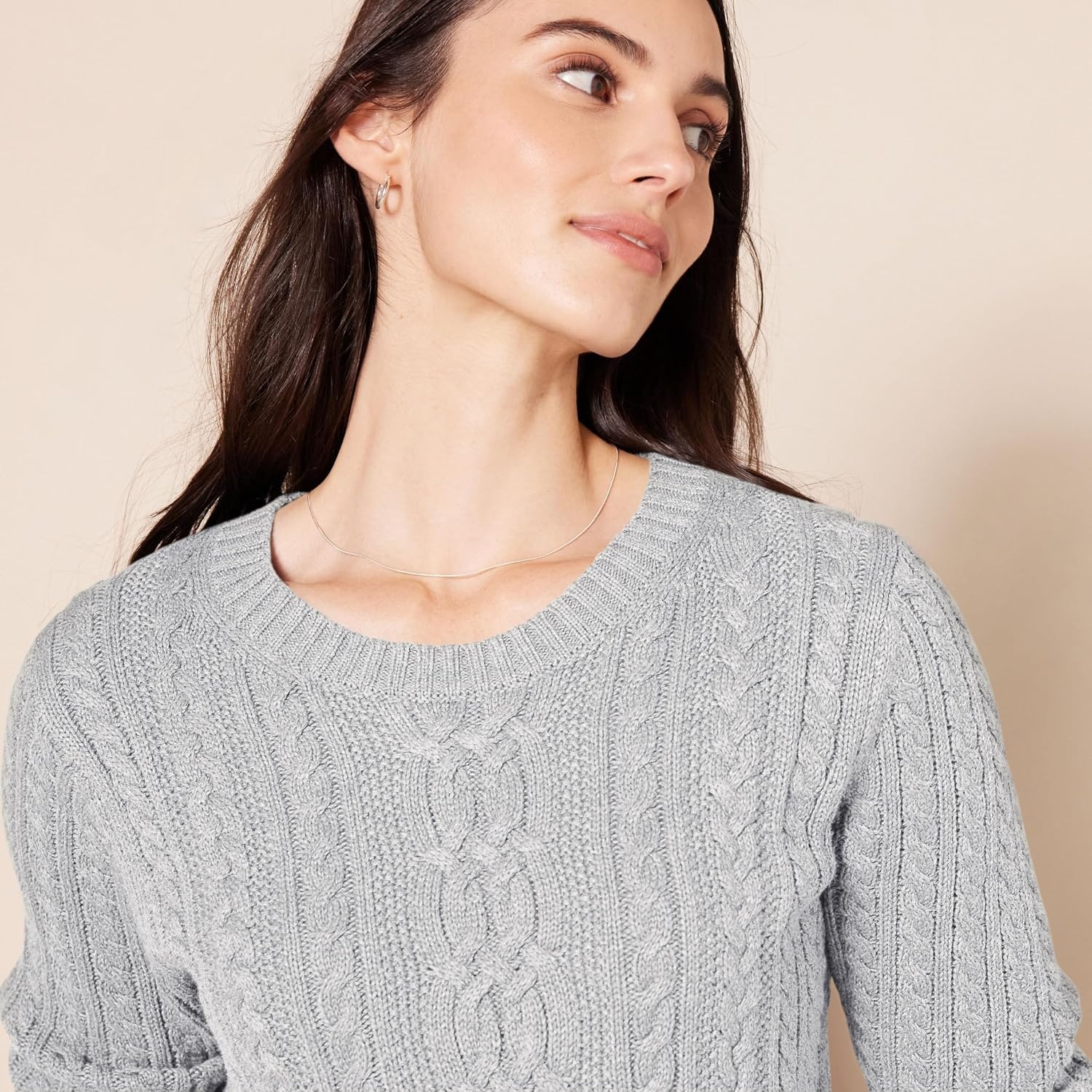 image:imageAmazon Essentials Womens Regular Fit Soft Cotton Cable Knit Ribbed Crewneck Sweater Available in Plus SizeLight Grey Heather