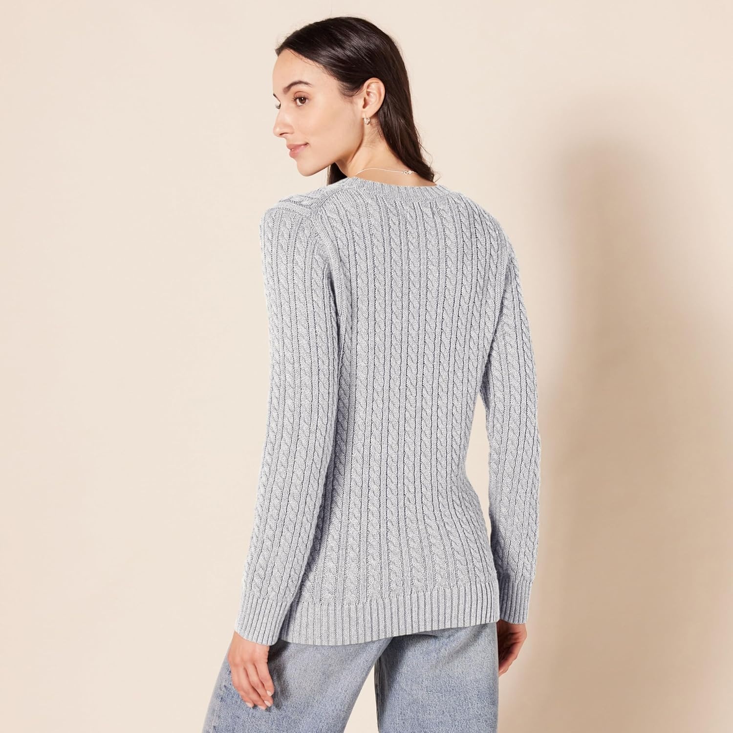 image:imageAmazon Essentials Womens Regular Fit Soft Cotton Cable Knit Ribbed Crewneck Sweater Available in Plus SizeLight Grey Heather