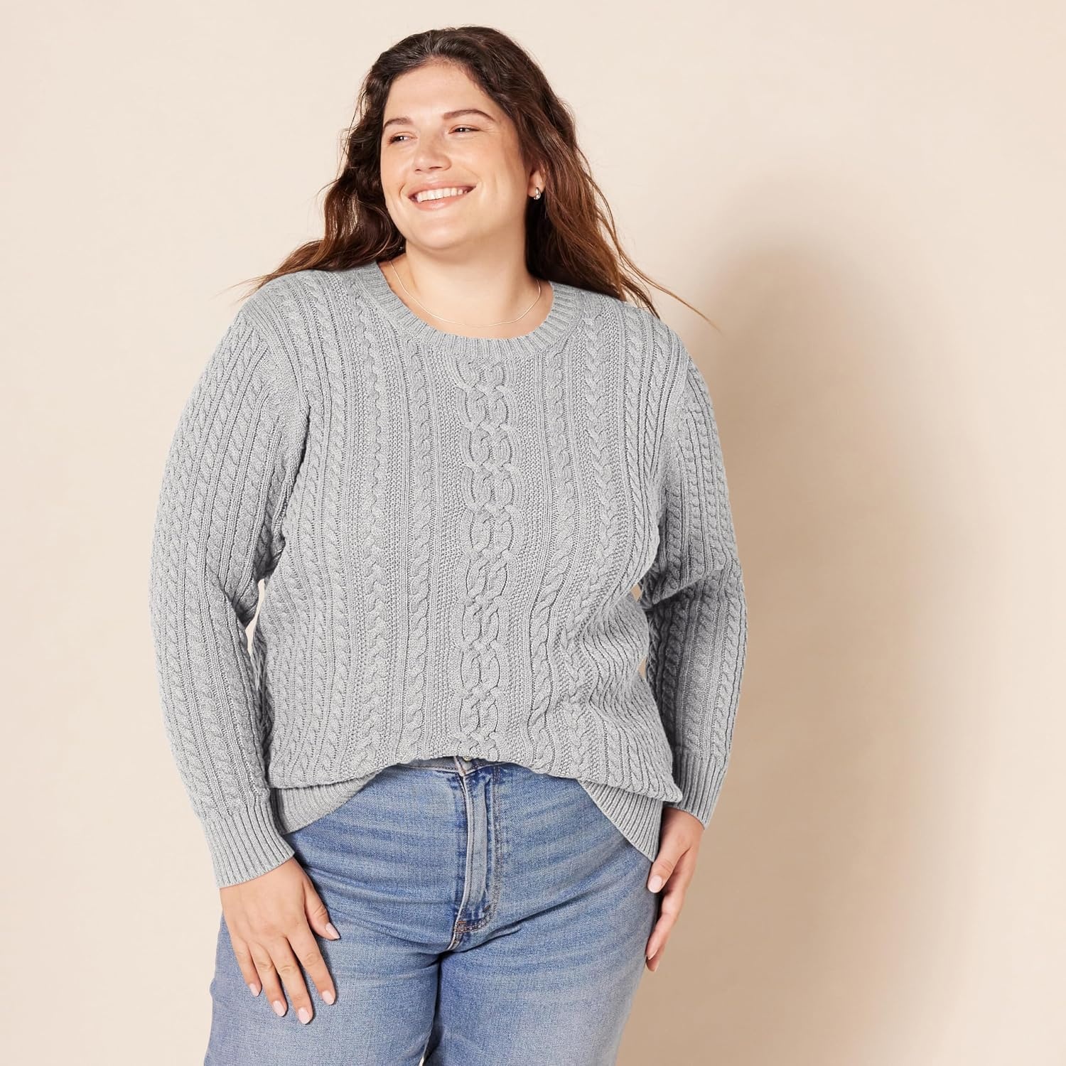 image:imageAmazon Essentials Womens Regular Fit Soft Cotton Cable Knit Ribbed Crewneck Sweater Available in Plus SizeLight Grey Heather