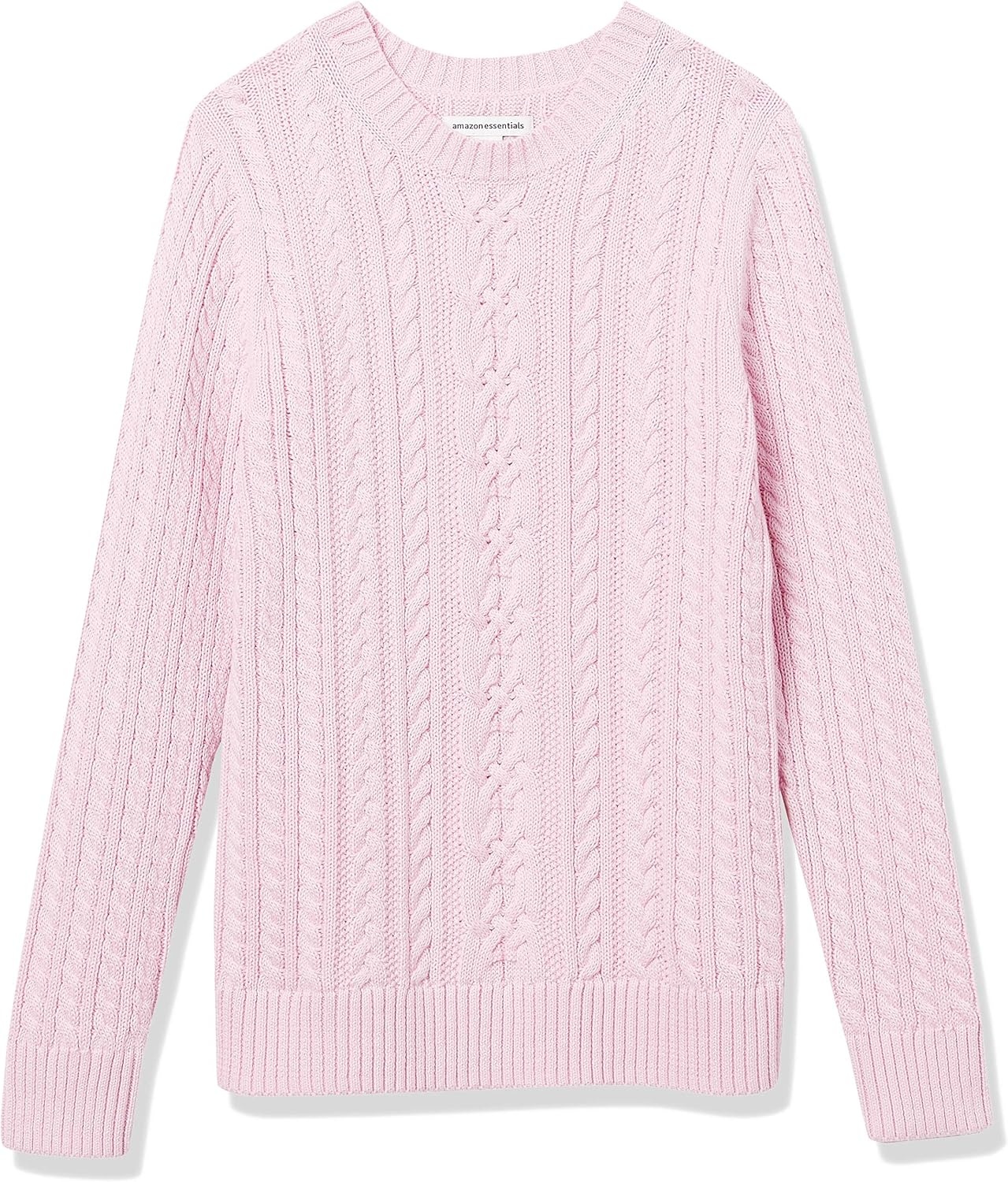 image:imageAmazon Essentials Womens Regular Fit Soft Cotton Cable Knit Ribbed Crewneck Sweater Available in Plus SizeLight Pink