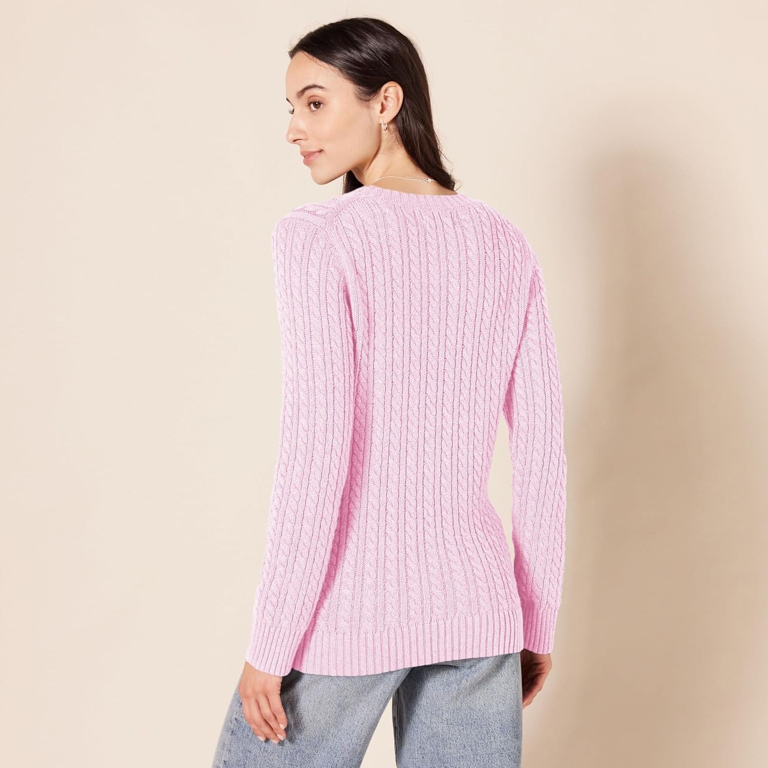 image:imageAmazon Essentials Womens Regular Fit Soft Cotton Cable Knit Ribbed Crewneck Sweater Available in Plus SizeLight Pink