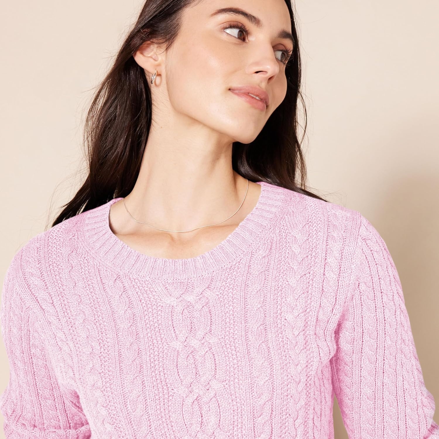image:imageAmazon Essentials Womens Regular Fit Soft Cotton Cable Knit Ribbed Crewneck Sweater Available in Plus SizeLight Pink