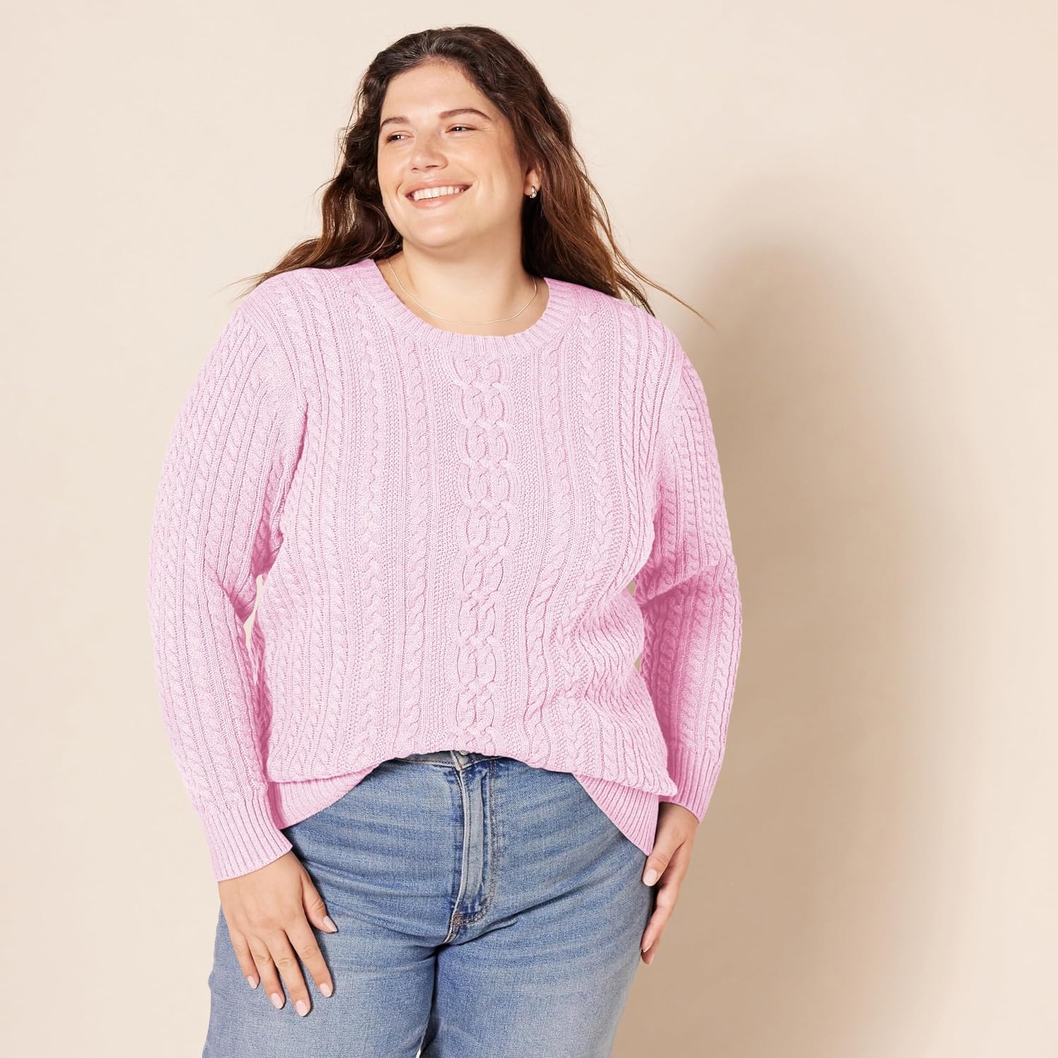 image:imageAmazon Essentials Womens Regular Fit Soft Cotton Cable Knit Ribbed Crewneck Sweater Available in Plus SizeLight Pink