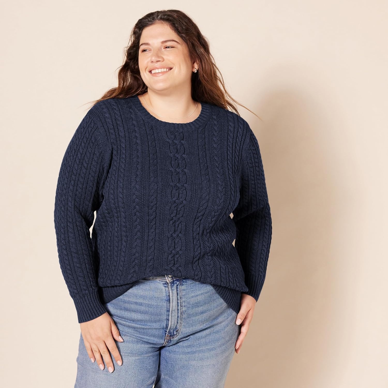 image:imageAmazon Essentials Womens Regular Fit Soft Cotton Cable Knit Ribbed Crewneck Sweater Available in Plus SizeNavy