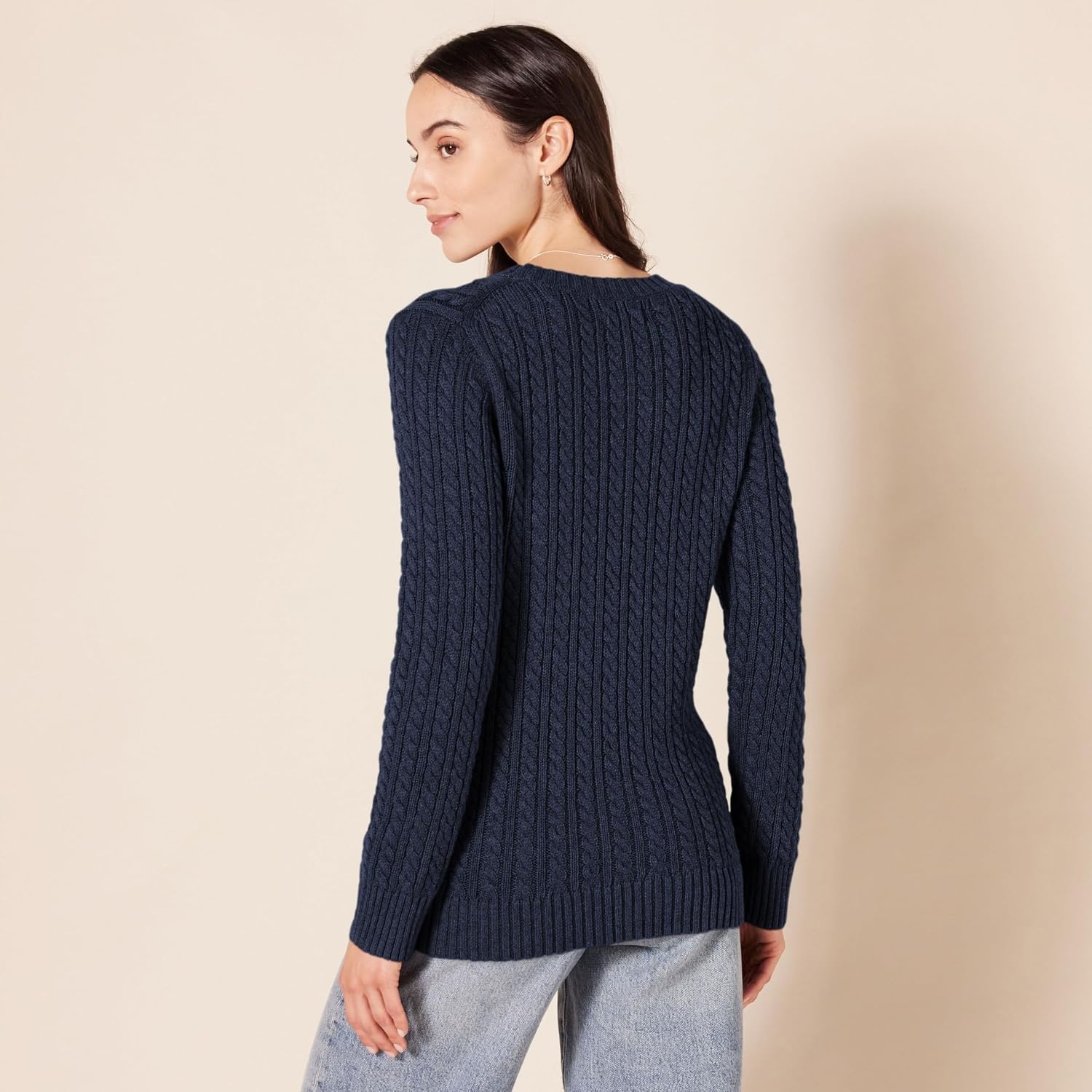 image:imageAmazon Essentials Womens Regular Fit Soft Cotton Cable Knit Ribbed Crewneck Sweater Available in Plus SizeNavy