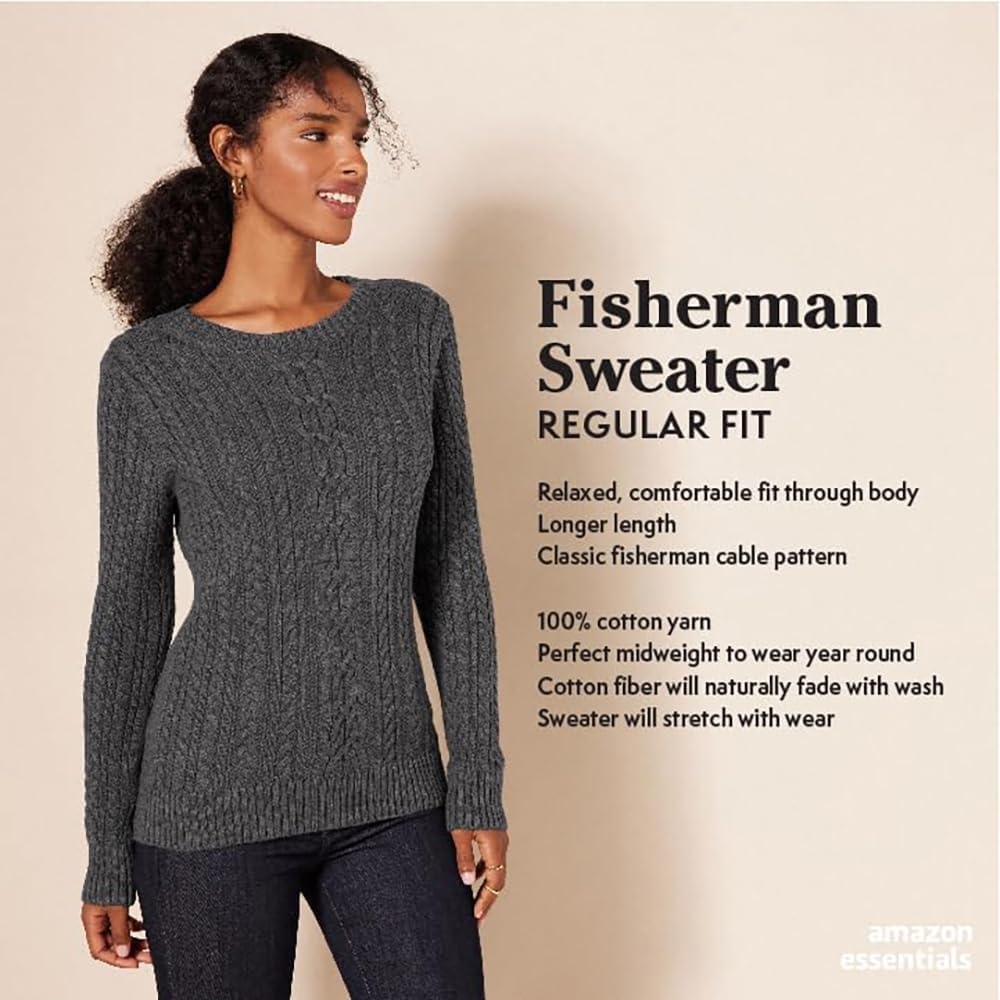 image:imageAmazon Essentials Womens Regular Fit Soft Cotton Cable Knit Ribbed Crewneck Sweater Available in Plus SizeNavyWhite Stripe