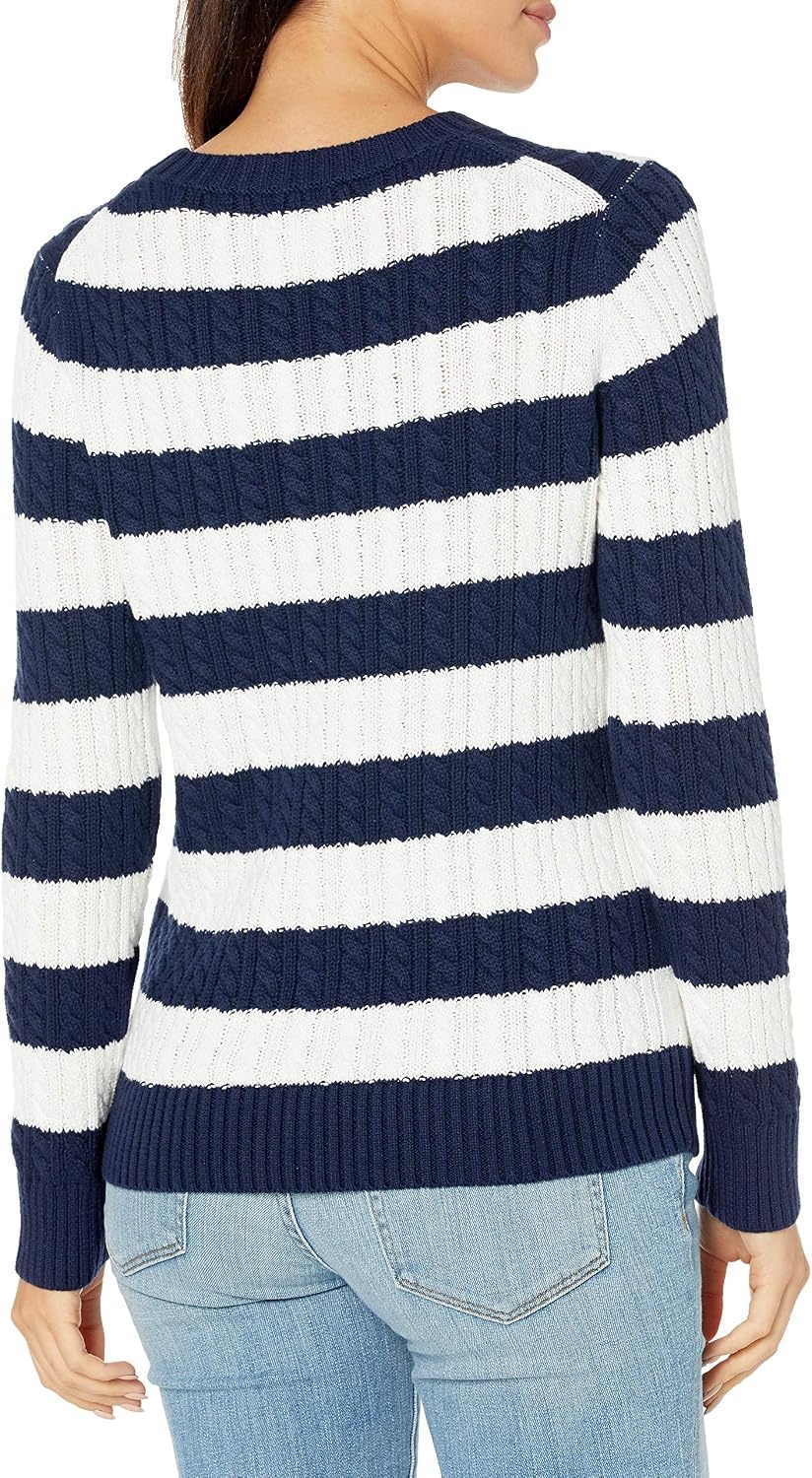 image:imageAmazon Essentials Womens Regular Fit Soft Cotton Cable Knit Ribbed Crewneck Sweater Available in Plus SizeNavyWhite Stripe