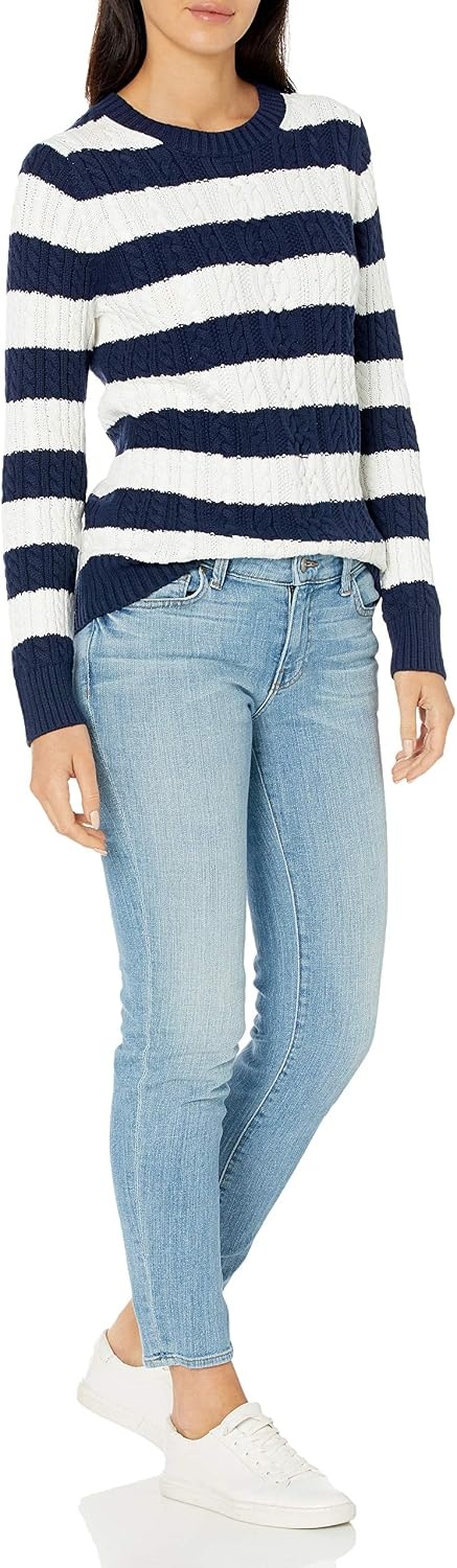 image:imageAmazon Essentials Womens Regular Fit Soft Cotton Cable Knit Ribbed Crewneck Sweater Available in Plus SizeNavyWhite Stripe