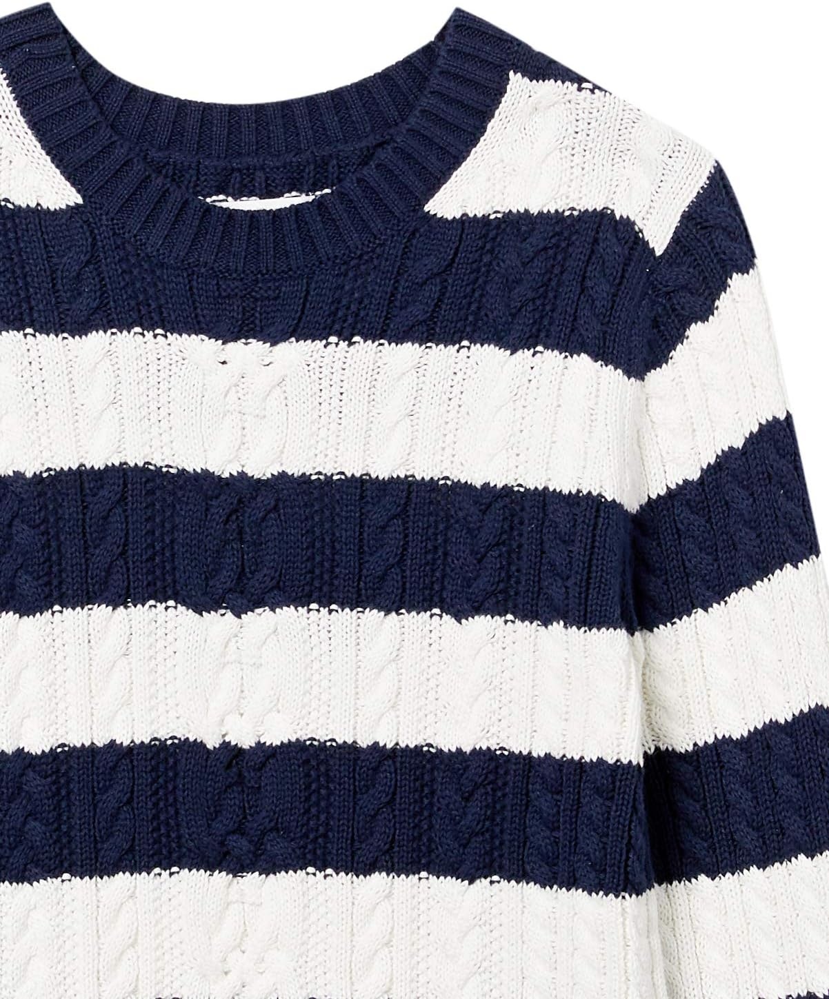 image:imageAmazon Essentials Womens Regular Fit Soft Cotton Cable Knit Ribbed Crewneck Sweater Available in Plus SizeNavyWhite Stripe
