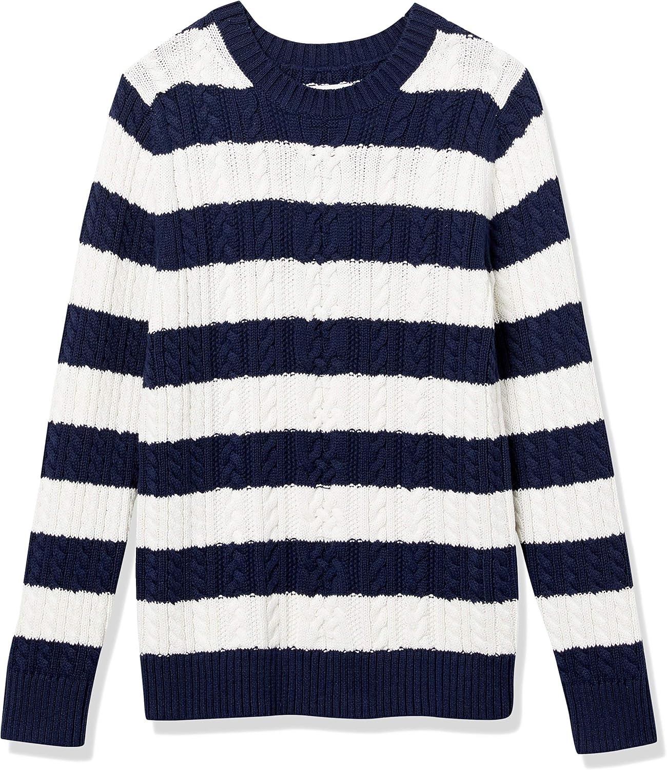 image:imageAmazon Essentials Womens Regular Fit Soft Cotton Cable Knit Ribbed Crewneck Sweater Available in Plus SizeNavyWhite Stripe