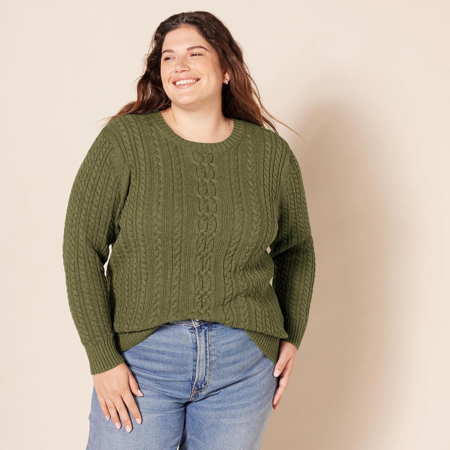 image:imageAmazon Essentials Womens Regular Fit Soft Cotton Cable Knit Ribbed Crewneck Sweater Available in Plus SizeOlive