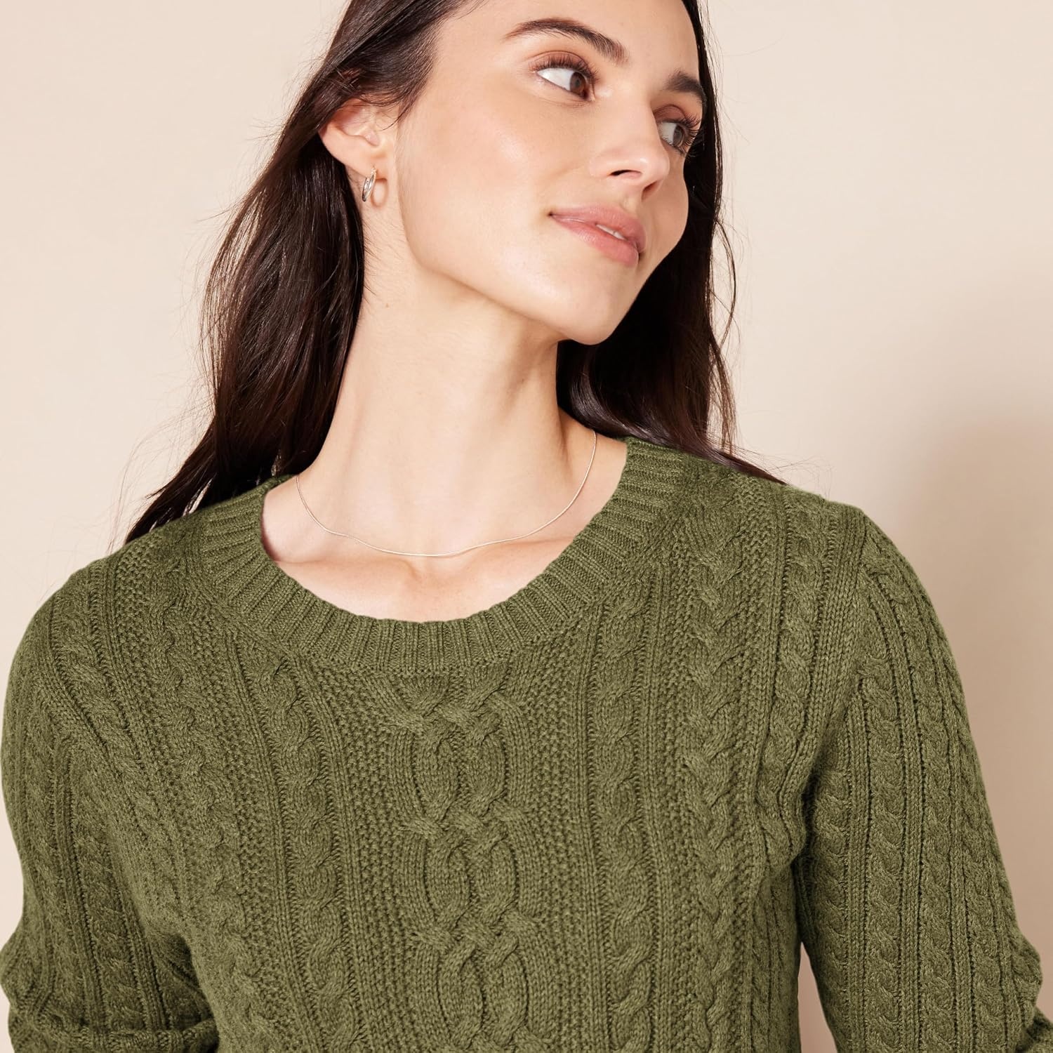 image:imageAmazon Essentials Womens Regular Fit Soft Cotton Cable Knit Ribbed Crewneck Sweater Available in Plus SizeOlive