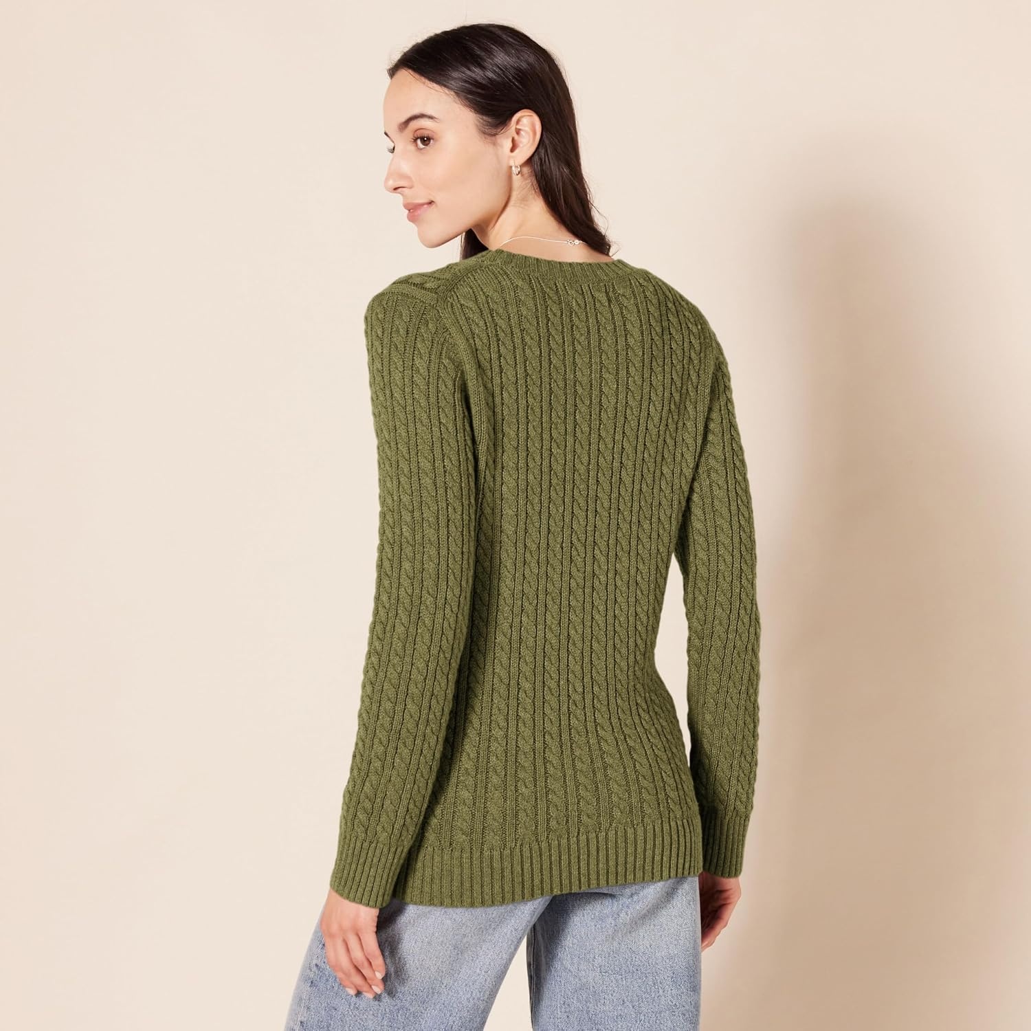 image:imageAmazon Essentials Womens Regular Fit Soft Cotton Cable Knit Ribbed Crewneck Sweater Available in Plus SizeOlive