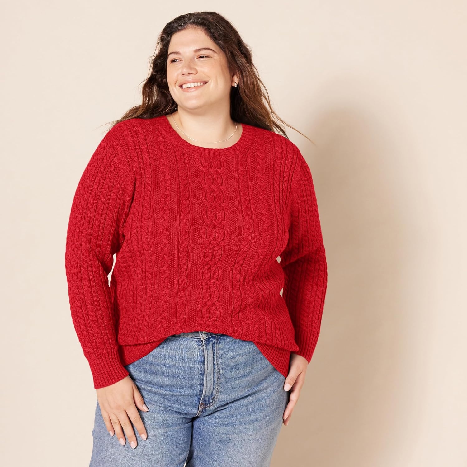 image:imageAmazon Essentials Womens Regular Fit Soft Cotton Cable Knit Ribbed Crewneck Sweater Available in Plus SizeRed
