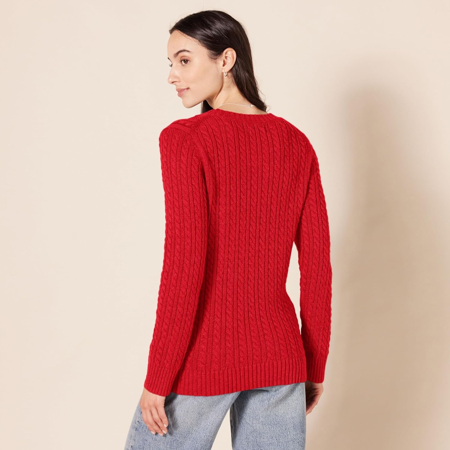 image:imageAmazon Essentials Womens Regular Fit Soft Cotton Cable Knit Ribbed Crewneck Sweater Available in Plus SizeRed