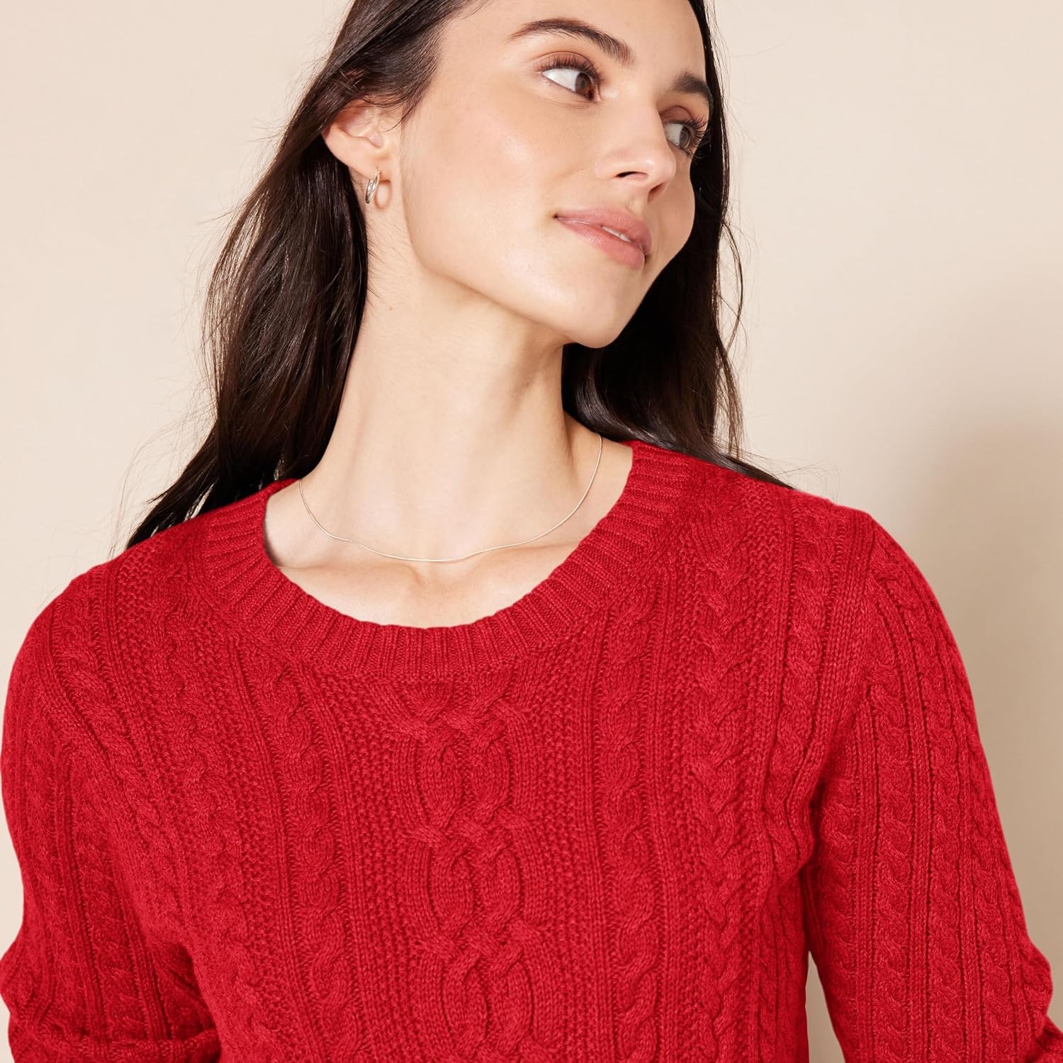 image:imageAmazon Essentials Womens Regular Fit Soft Cotton Cable Knit Ribbed Crewneck Sweater Available in Plus SizeRed