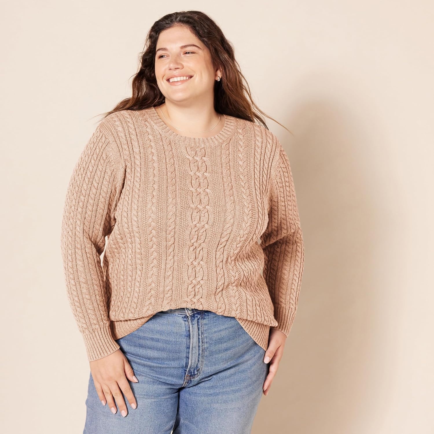 image:imageAmazon Essentials Womens Regular Fit Soft Cotton Cable Knit Ribbed Crewneck Sweater Available in Plus SizeTaupe Heather
