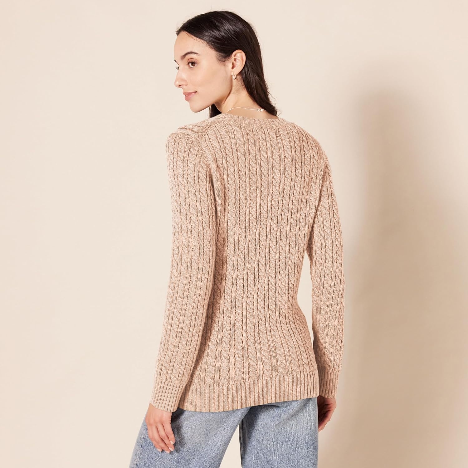 image:imageAmazon Essentials Womens Regular Fit Soft Cotton Cable Knit Ribbed Crewneck Sweater Available in Plus SizeTaupe Heather