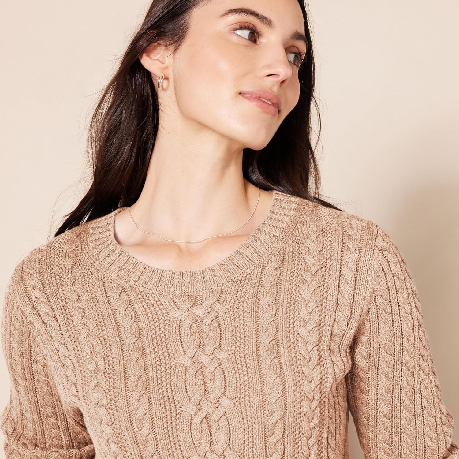 image:imageAmazon Essentials Womens Regular Fit Soft Cotton Cable Knit Ribbed Crewneck Sweater Available in Plus SizeTaupe Heather