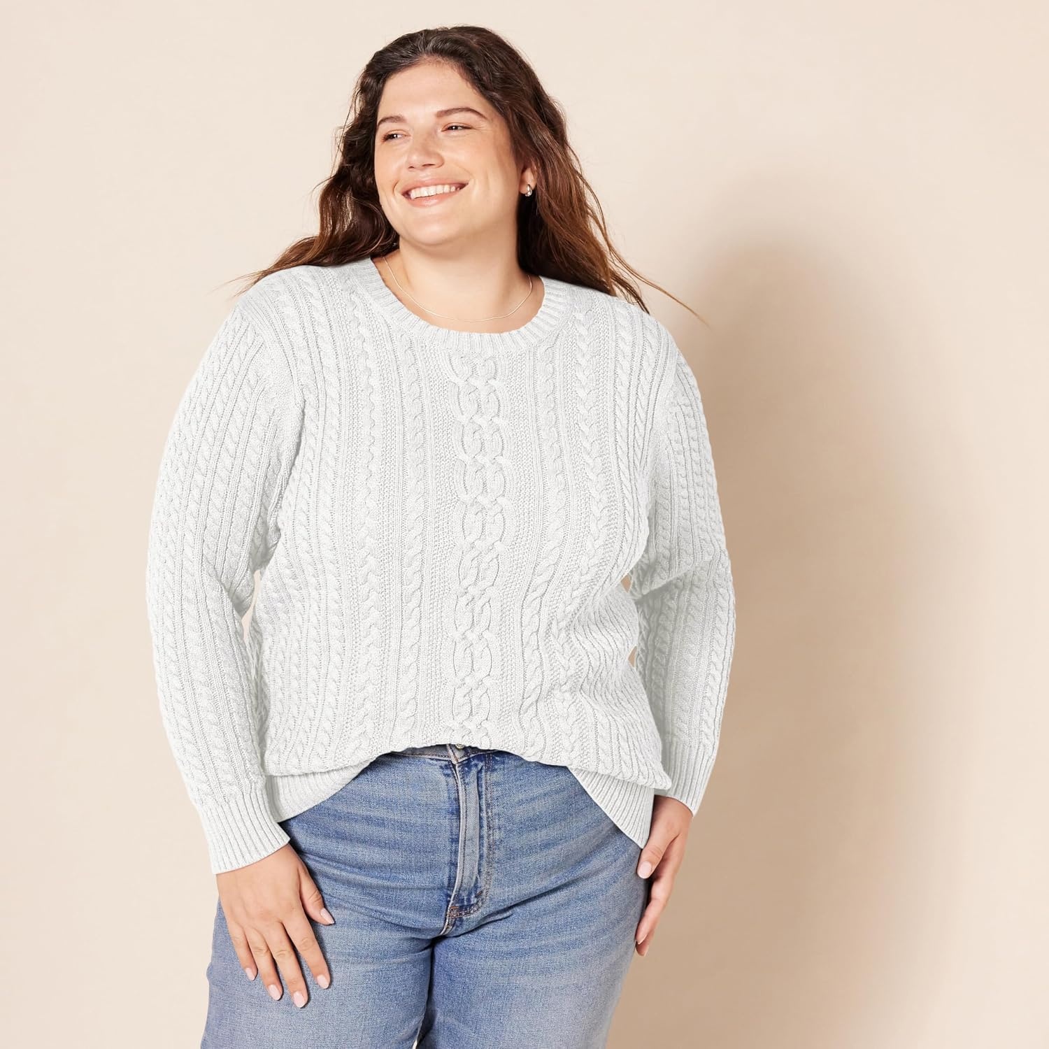 image:imageAmazon Essentials Womens Regular Fit Soft Cotton Cable Knit Ribbed Crewneck Sweater Available in Plus SizeWhite