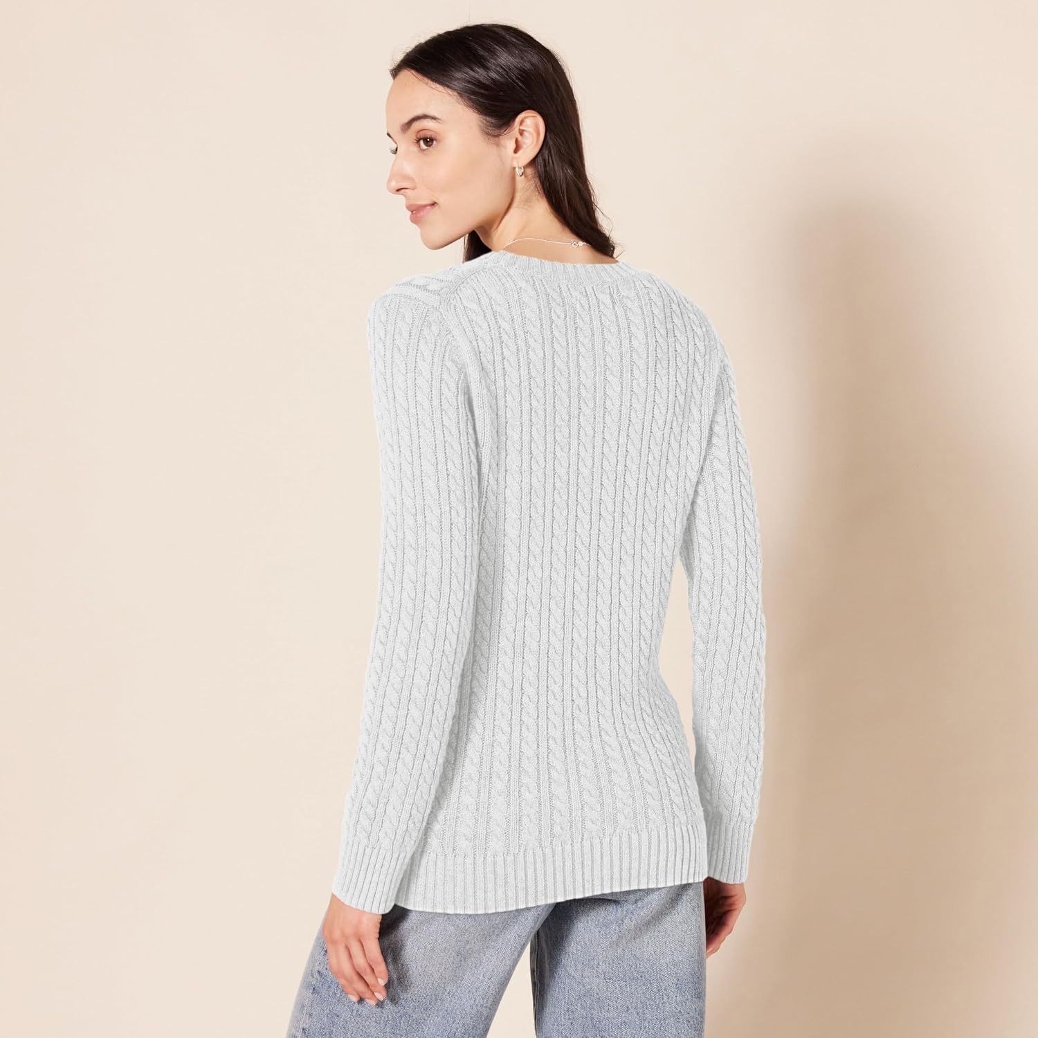 image:imageAmazon Essentials Womens Regular Fit Soft Cotton Cable Knit Ribbed Crewneck Sweater Available in Plus SizeWhite