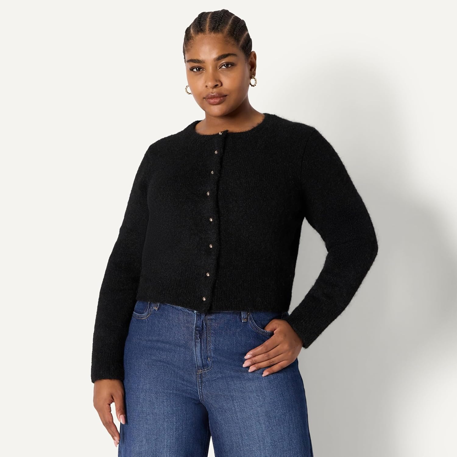 image:imageAmazon Essentials Womens RegularFit Faux Mohair Wool Blend Sweater Cardigan with Gold Buttons High Round NecklineBlack