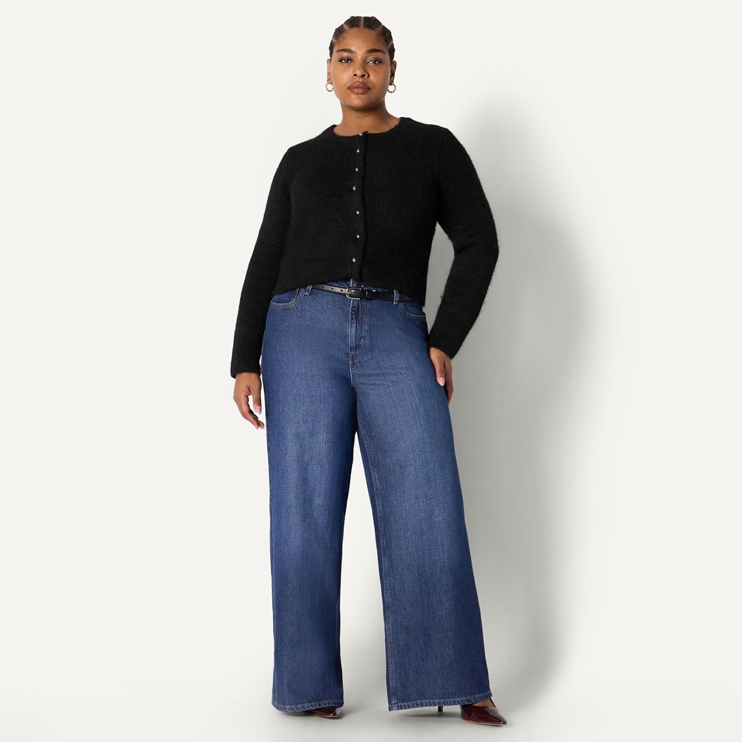 image:imageAmazon Essentials Womens RegularFit Faux Mohair Wool Blend Sweater Cardigan with Gold Buttons High Round NecklineBlack