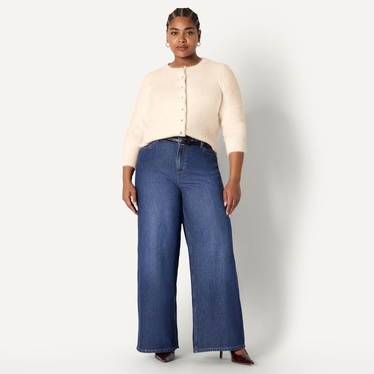 image:imageAmazon Essentials Womens RegularFit Faux Mohair Wool Blend Sweater Cardigan with Gold Buttons High Round NecklineCream