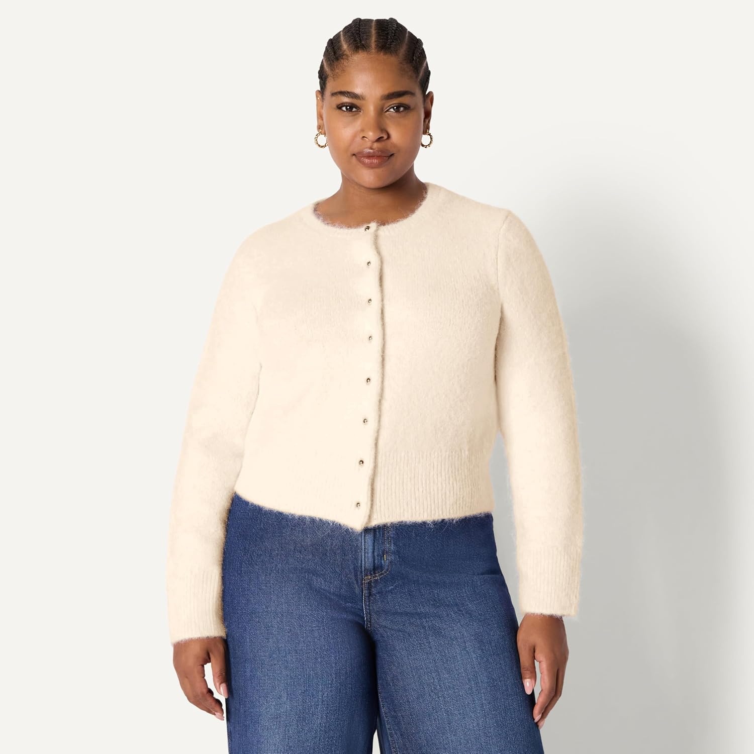 image:imageAmazon Essentials Womens RegularFit Faux Mohair Wool Blend Sweater Cardigan with Gold Buttons High Round NecklineCream