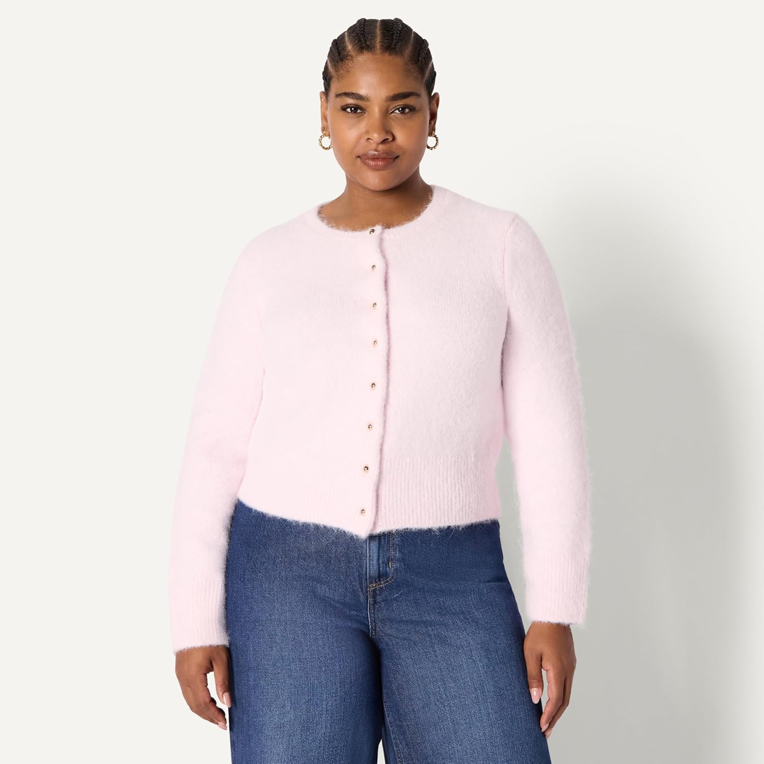 image:imageAmazon Essentials Womens RegularFit Faux Mohair Wool Blend Sweater Cardigan with Gold Buttons High Round NecklinePastel Lilac