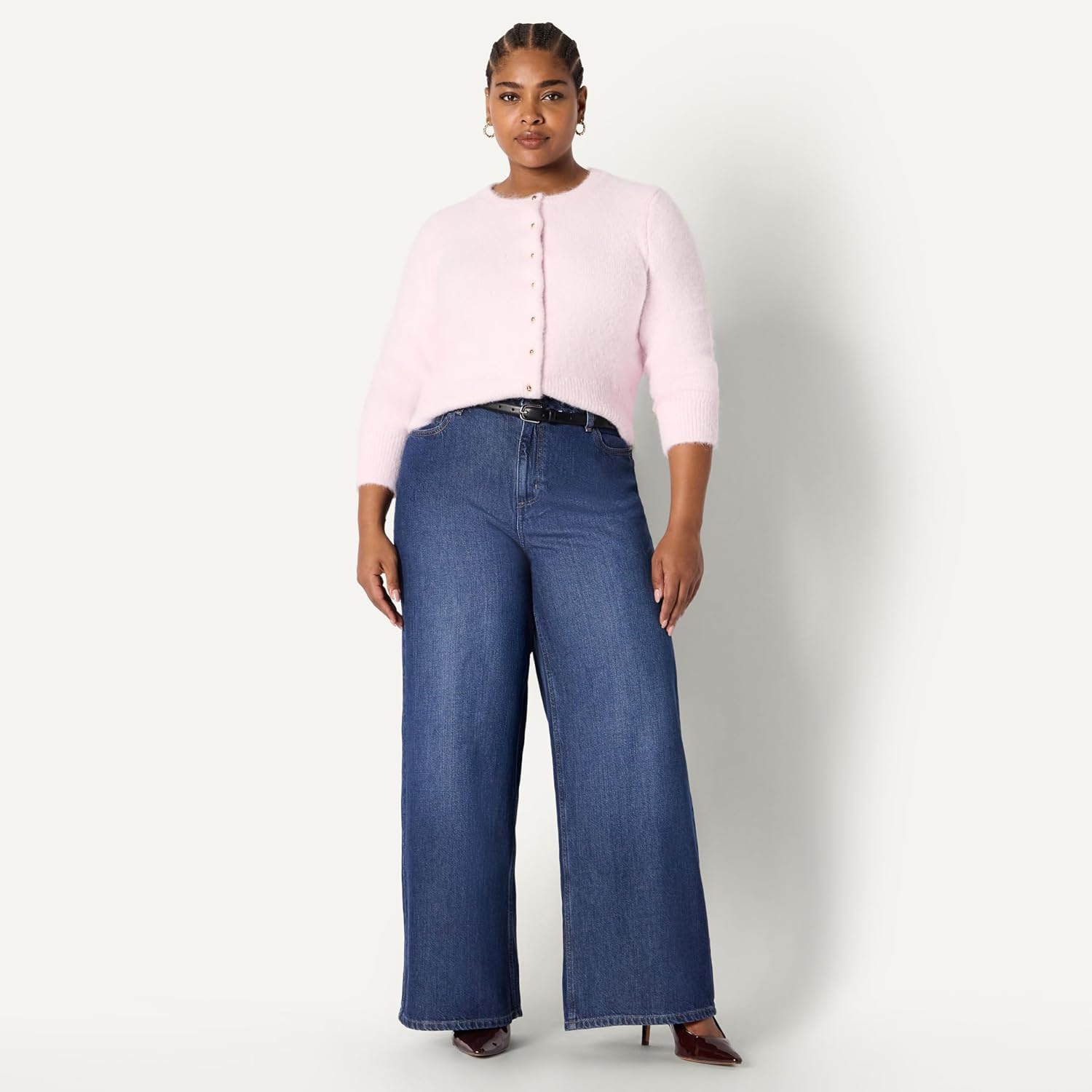 image:imageAmazon Essentials Womens RegularFit Faux Mohair Wool Blend Sweater Cardigan with Gold Buttons High Round NecklinePastel Lilac