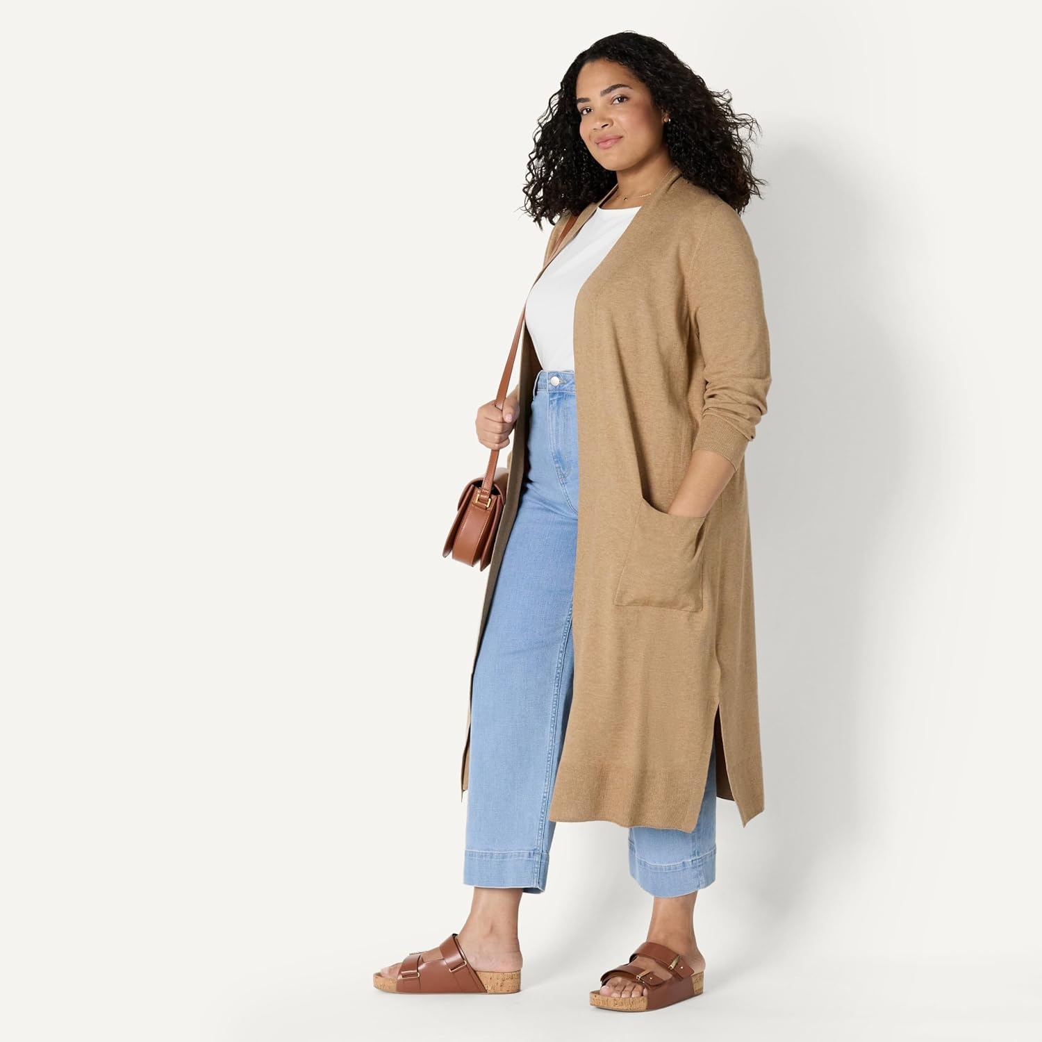 image:imageAmazon Essentials Womens RegularFit Lightweight Soft Duster Length Cardigan SweaterCamel Heather