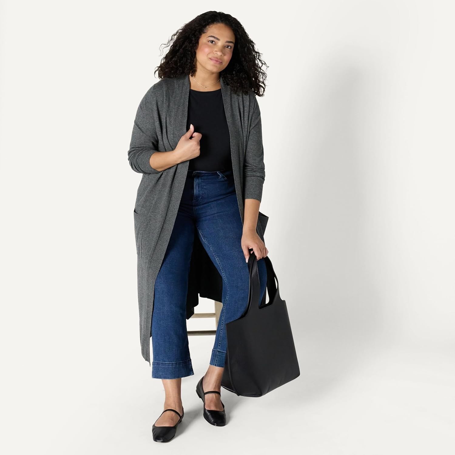 image:imageAmazon Essentials Womens RegularFit Lightweight Soft Duster Length Cardigan SweaterCharcoal Heather