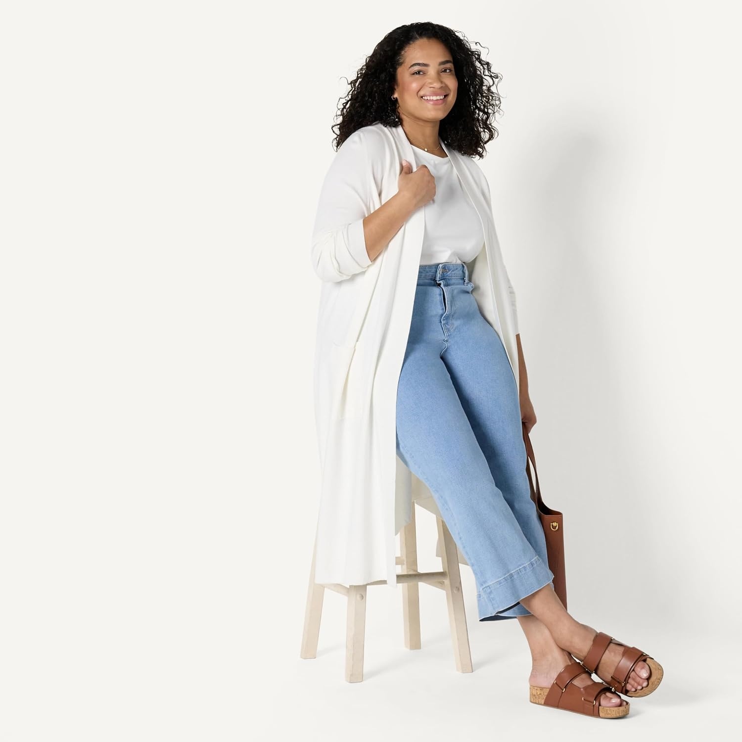 image:imageAmazon Essentials Womens RegularFit Lightweight Soft Duster Length Cardigan SweaterEggshell White