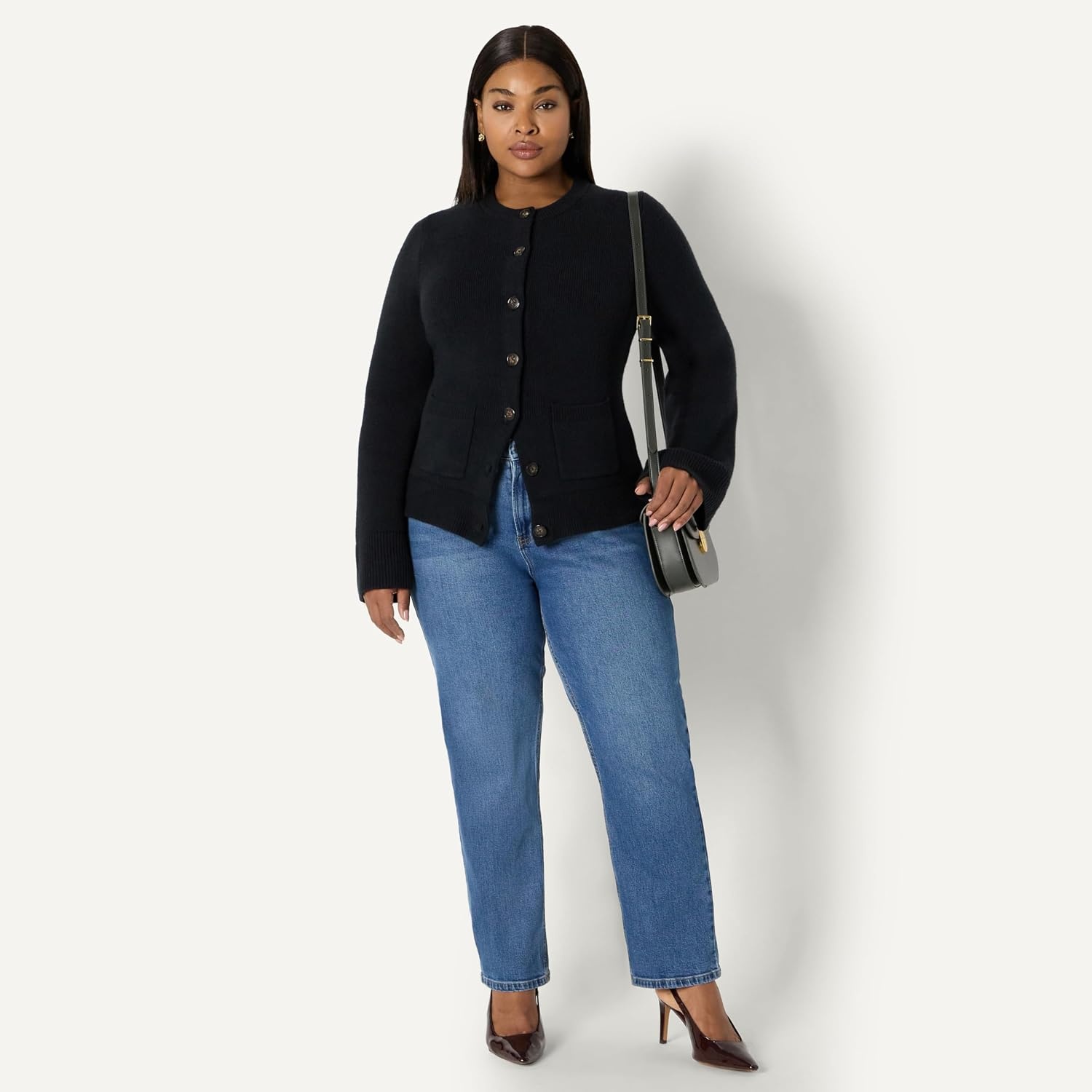 image:imageAmazon Essentials Womens RegularFit LongSleeve Cardigan with Bell Sleeves and Shaped WaistBlack