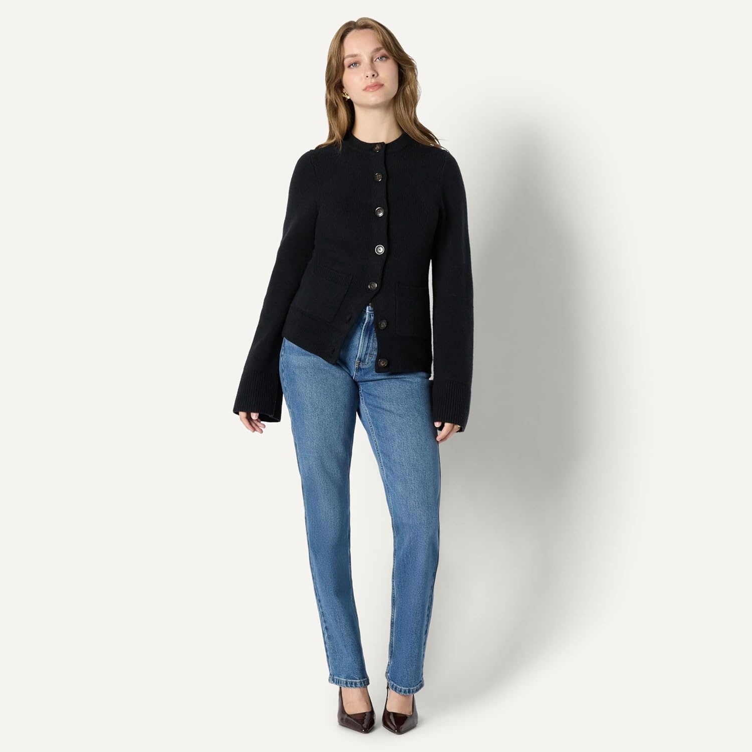 image:imageAmazon Essentials Womens RegularFit LongSleeve Cardigan with Bell Sleeves and Shaped WaistBlack