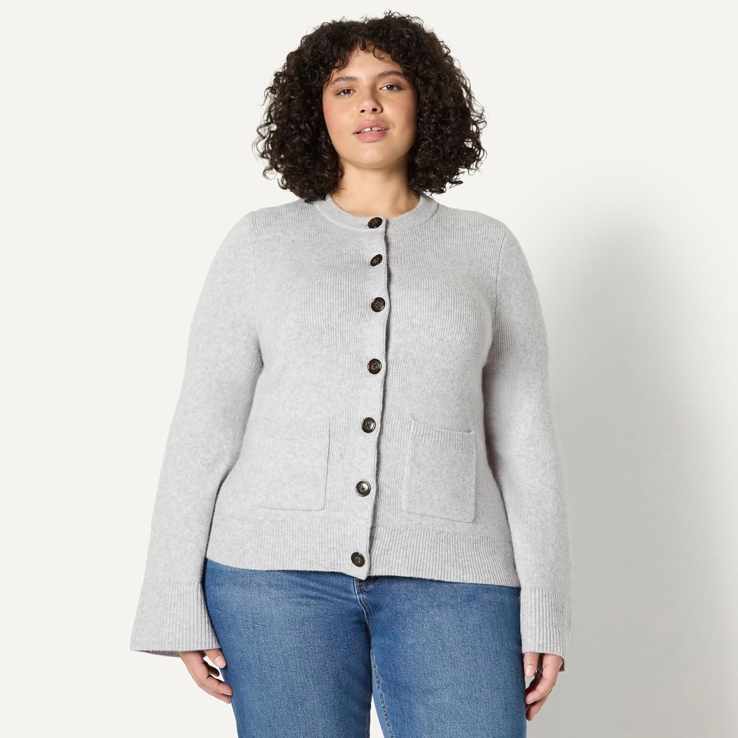 image:imageAmazon Essentials Womens RegularFit LongSleeve Cardigan with Bell Sleeves and Shaped WaistLight Grey Heather