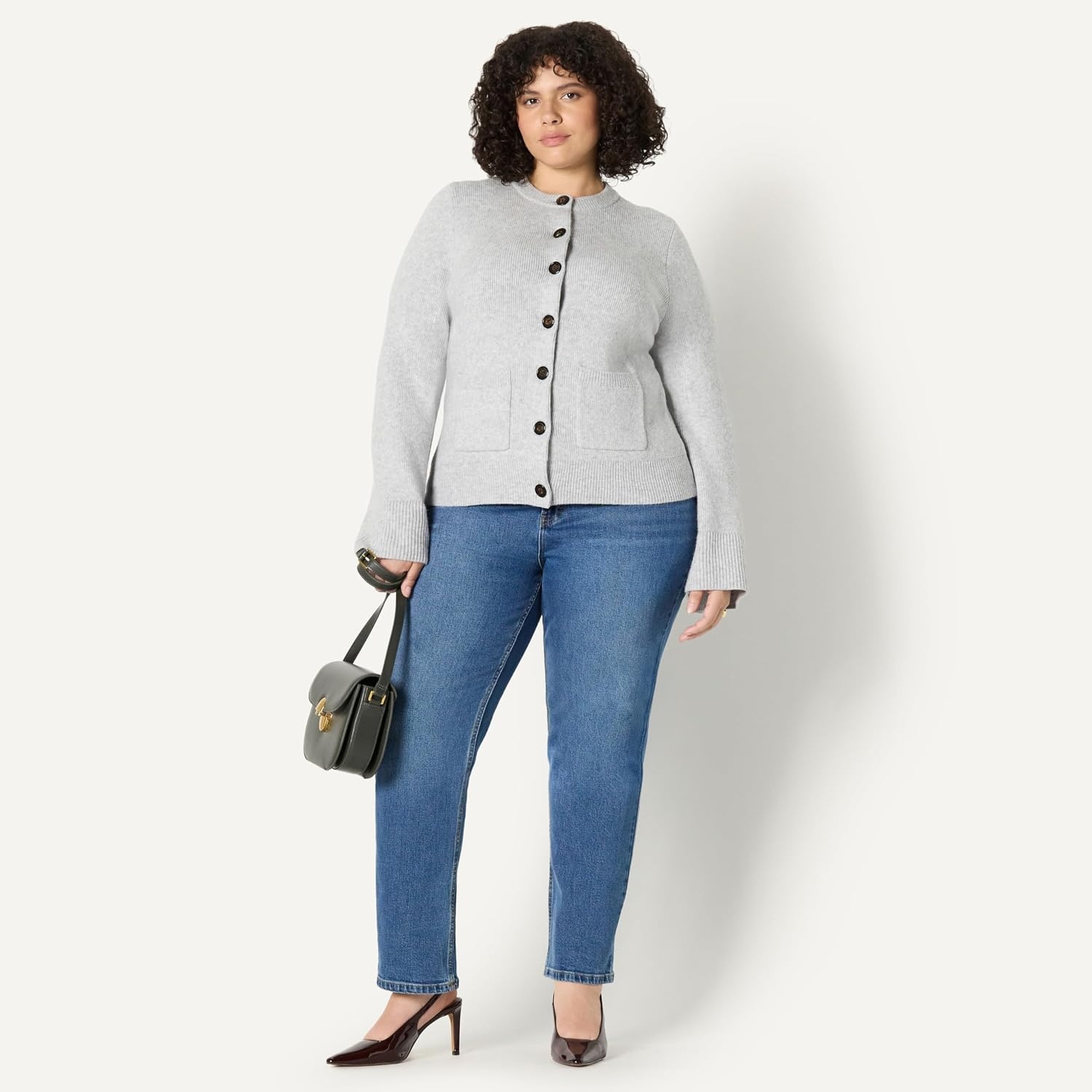 image:imageAmazon Essentials Womens RegularFit LongSleeve Cardigan with Bell Sleeves and Shaped WaistLight Grey Heather