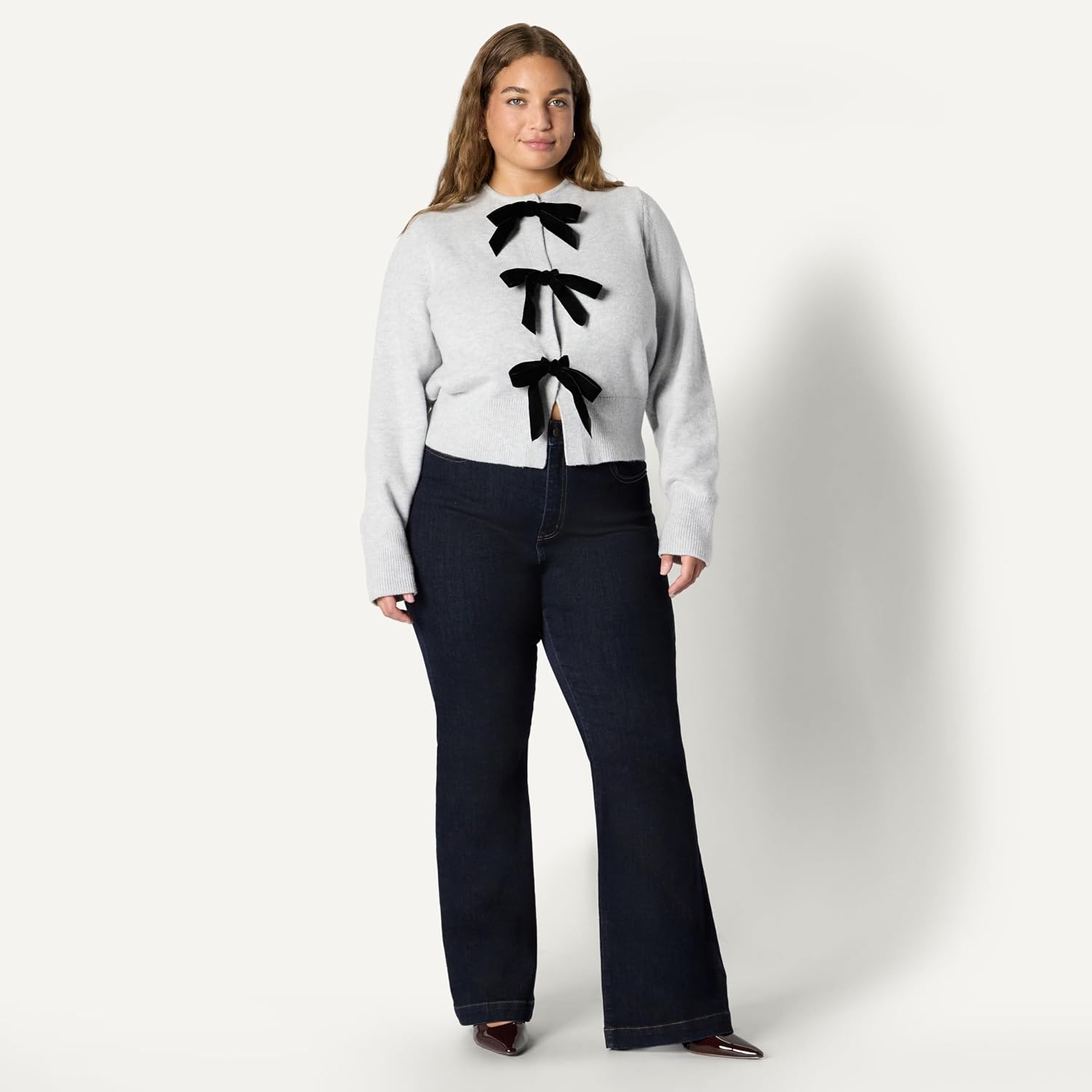 image:imageAmazon Essentials Womens RegularFit LongSleeve Tie Front Cardigan with Bows Blouson Sleeve Rib CuffLight Grey Heather