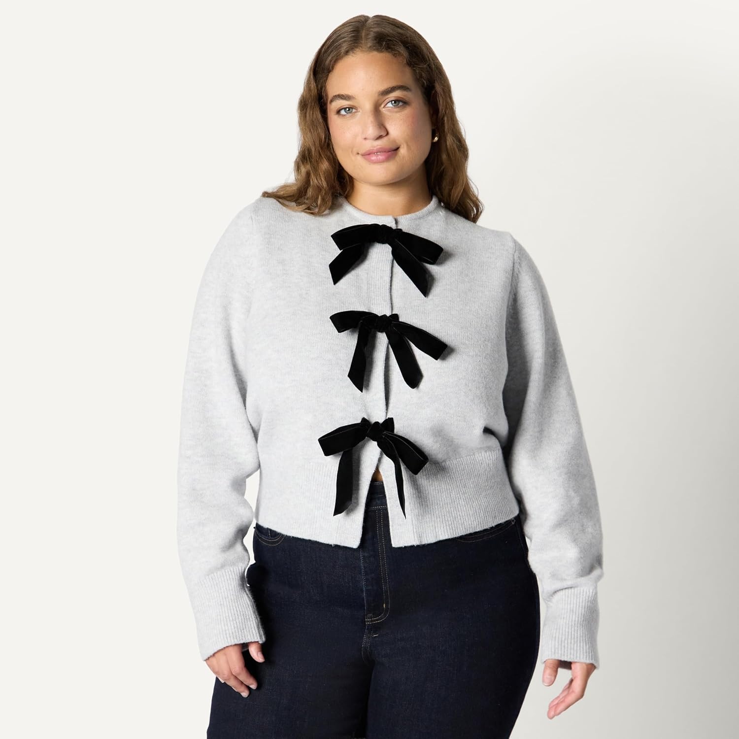 image:imageAmazon Essentials Womens RegularFit LongSleeve Tie Front Cardigan with Bows Blouson Sleeve Rib CuffLight Grey Heather