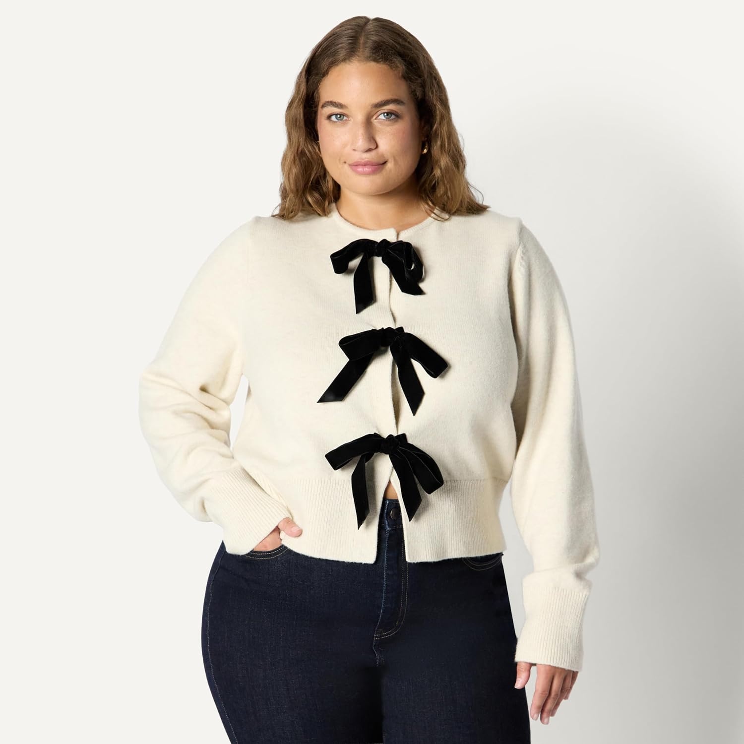 image:imageAmazon Essentials Womens RegularFit LongSleeve Tie Front Cardigan with Bows Blouson Sleeve Rib CuffOatmeal Heather